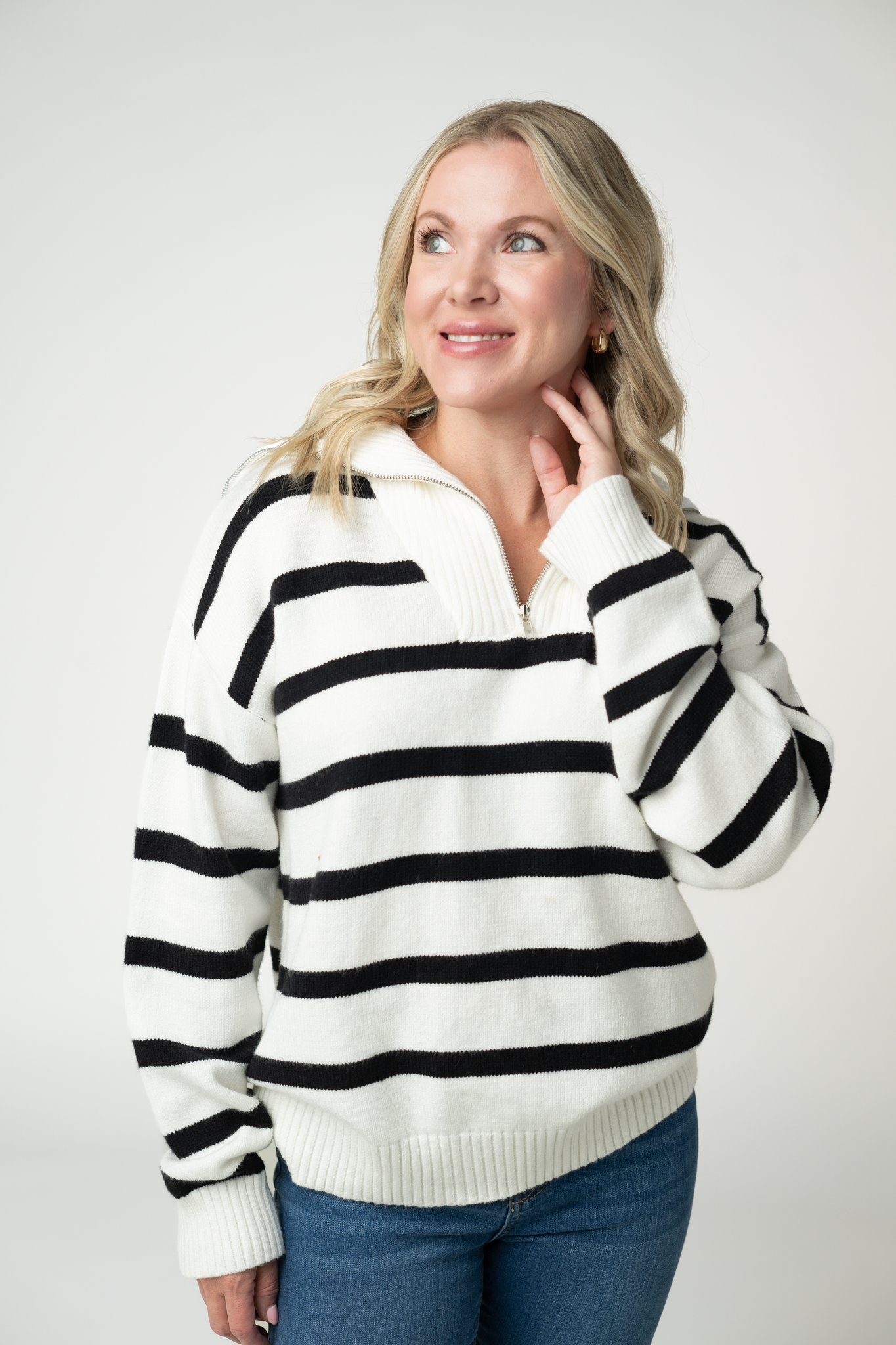 IN STOCK Quarter Zip Striped Pullover - Black and White-pullover-Dear Me Southern Boutique, located in DeRidder, Louisiana