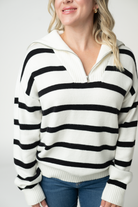 IN STOCK Quarter Zip Striped Pullover - Black and White-pullover-Dear Me Southern Boutique, located in DeRidder, Louisiana