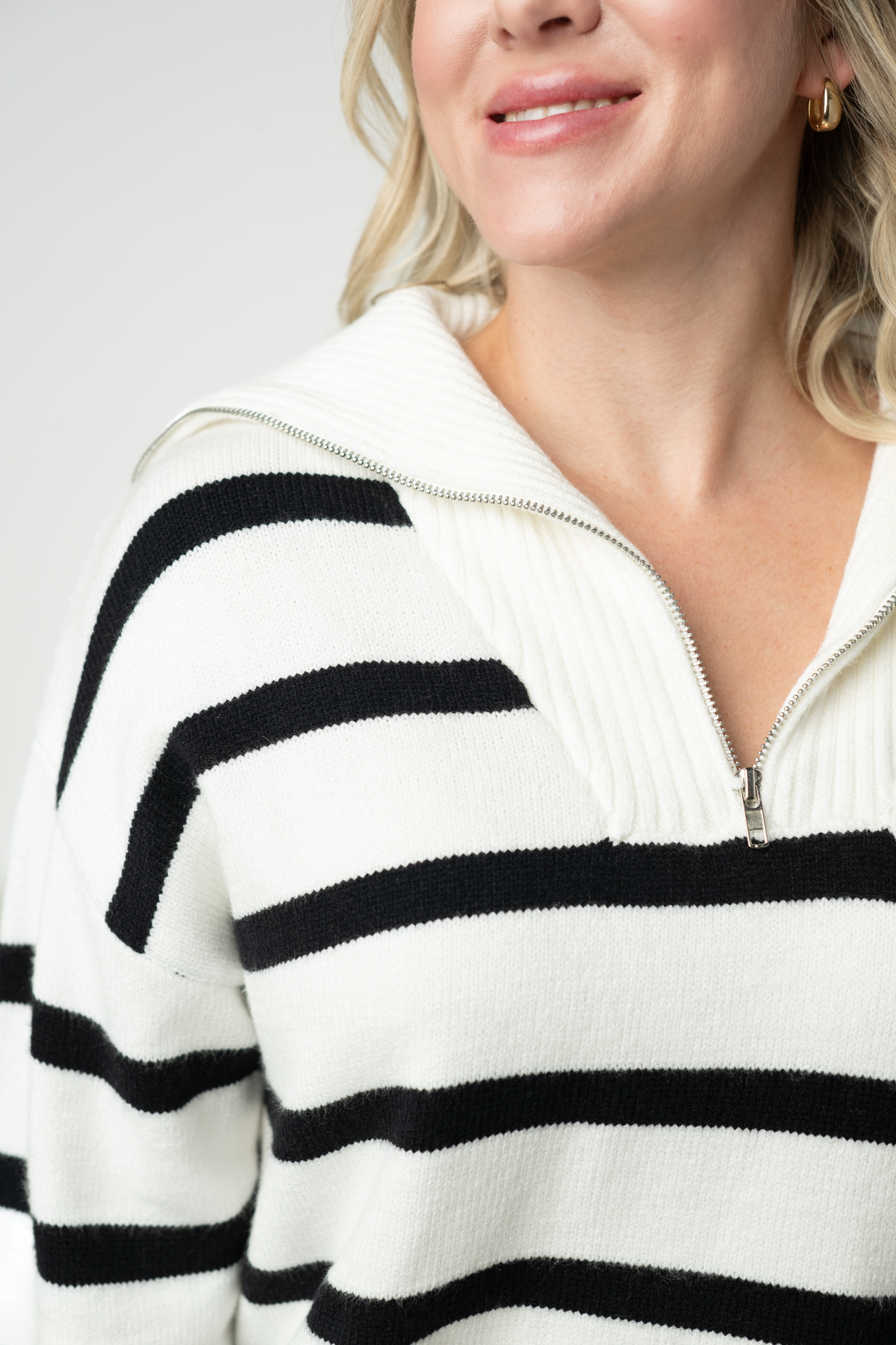 IN STOCK Quarter Zip Striped Pullover - Black and White-pullover-Dear Me Southern Boutique, located in DeRidder, Louisiana