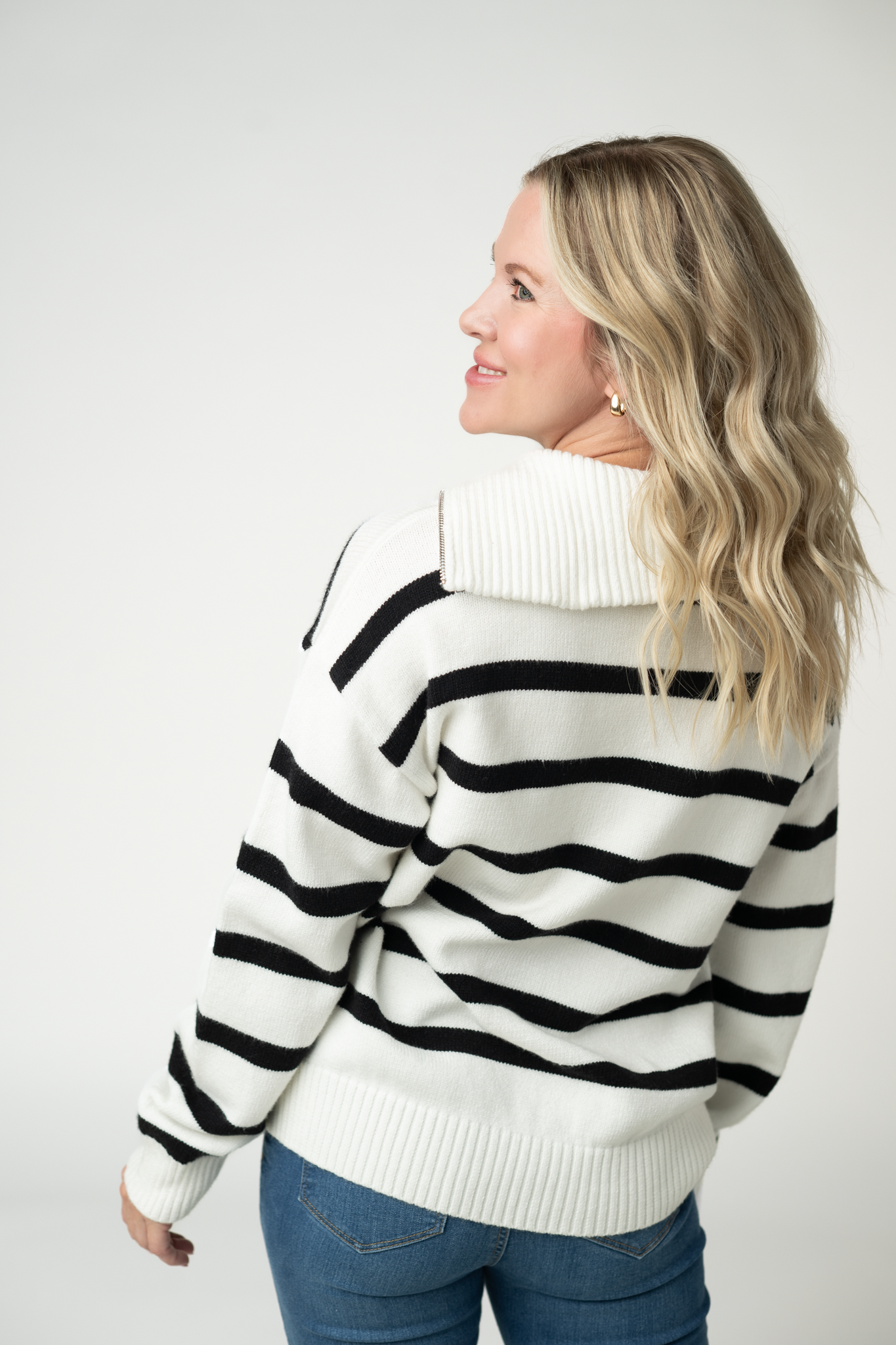 IN STOCK Quarter Zip Striped Pullover - Black and White-pullover-Dear Me Southern Boutique, located in DeRidder, Louisiana