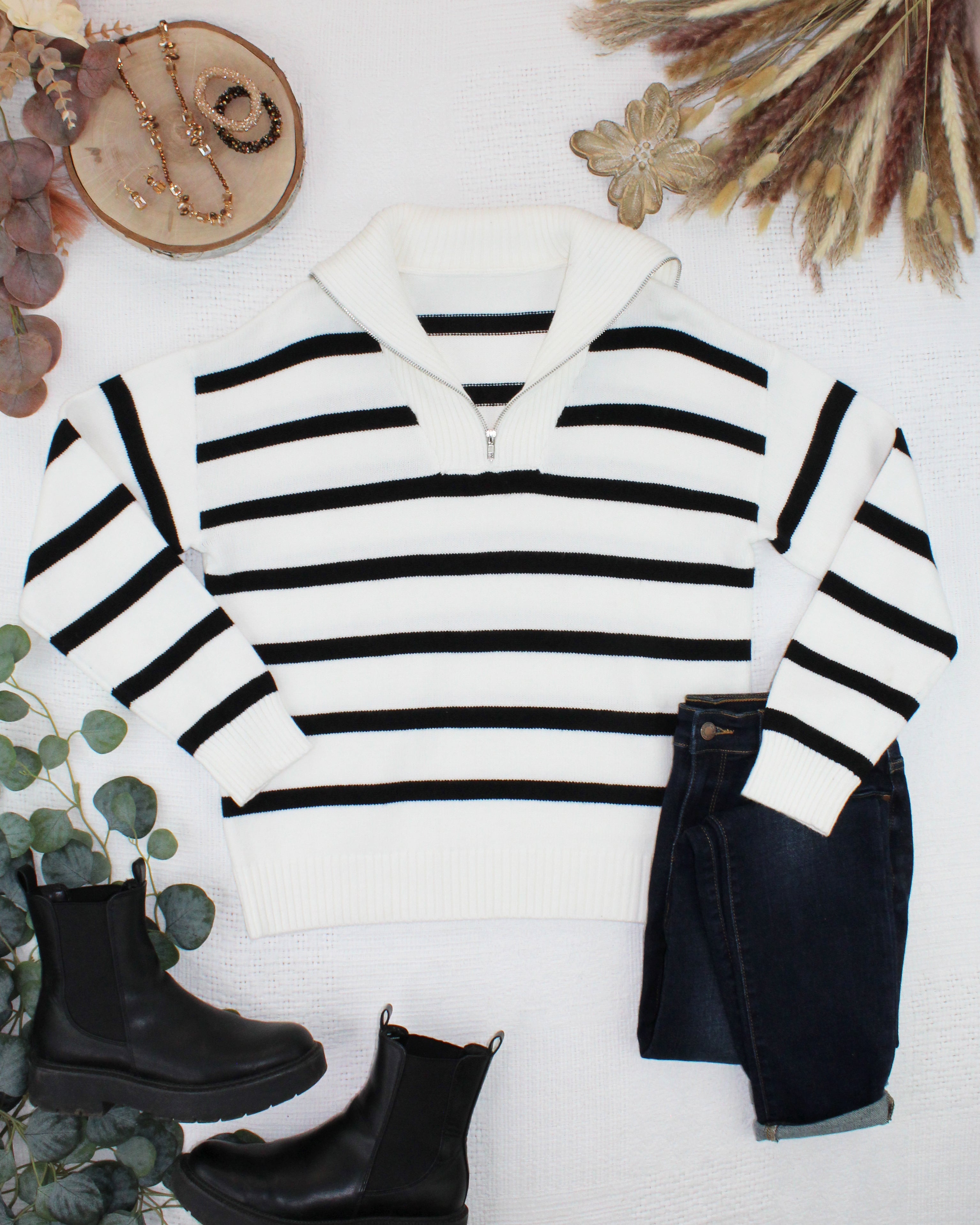 IN STOCK Quarter Zip Striped Pullover - Black and White-pullover-Dear Me Southern Boutique, located in DeRidder, Louisiana