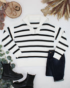 IN STOCK Quarter Zip Striped Pullover - Black and White-pullover-Dear Me Southern Boutique, located in DeRidder, Louisiana