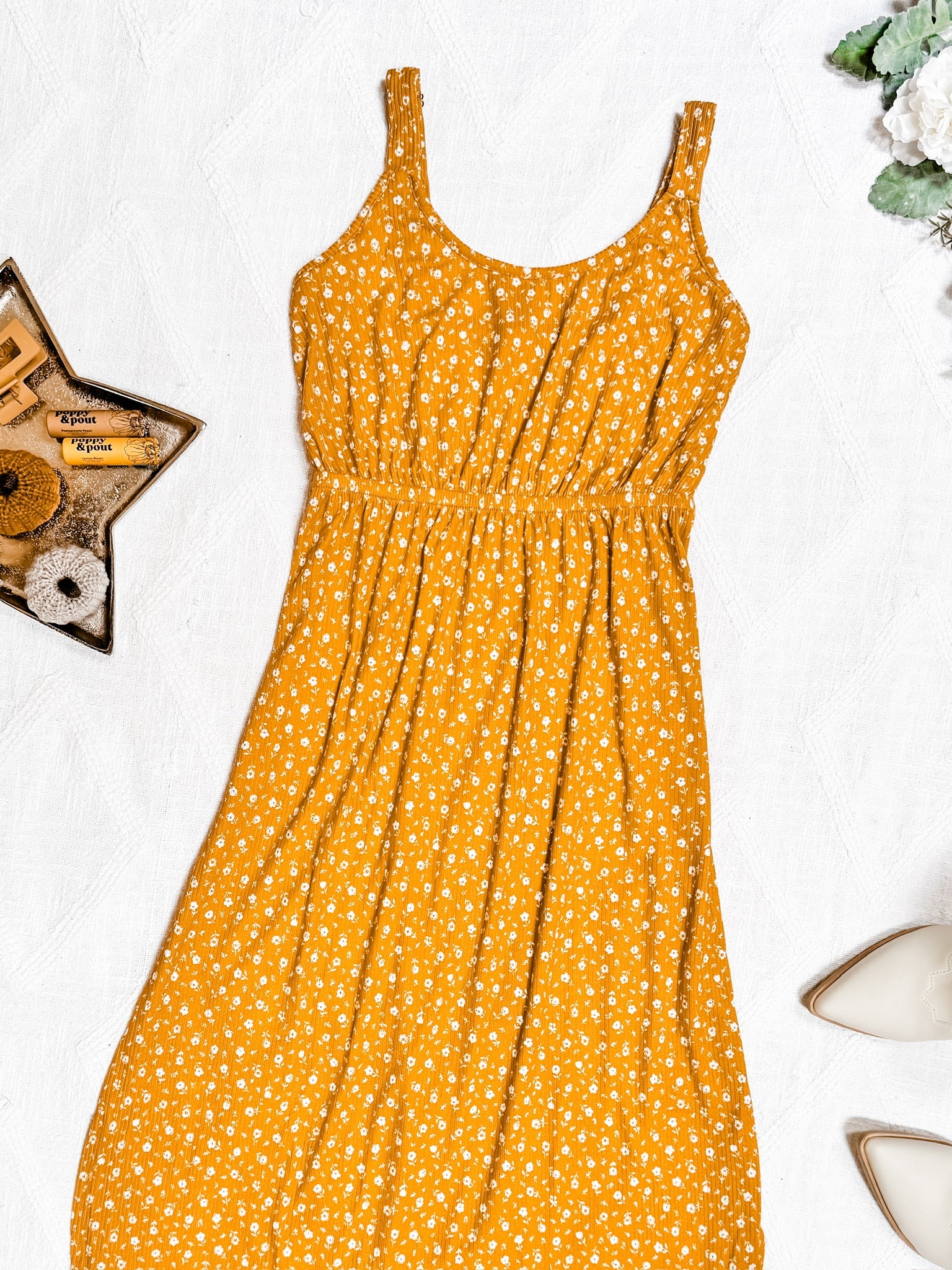 IN STOCK Reagan Ribbed Midi Dress - Pumpkin Floral-Dresses-Dear Me Southern Boutique, located in DeRidder, Louisiana