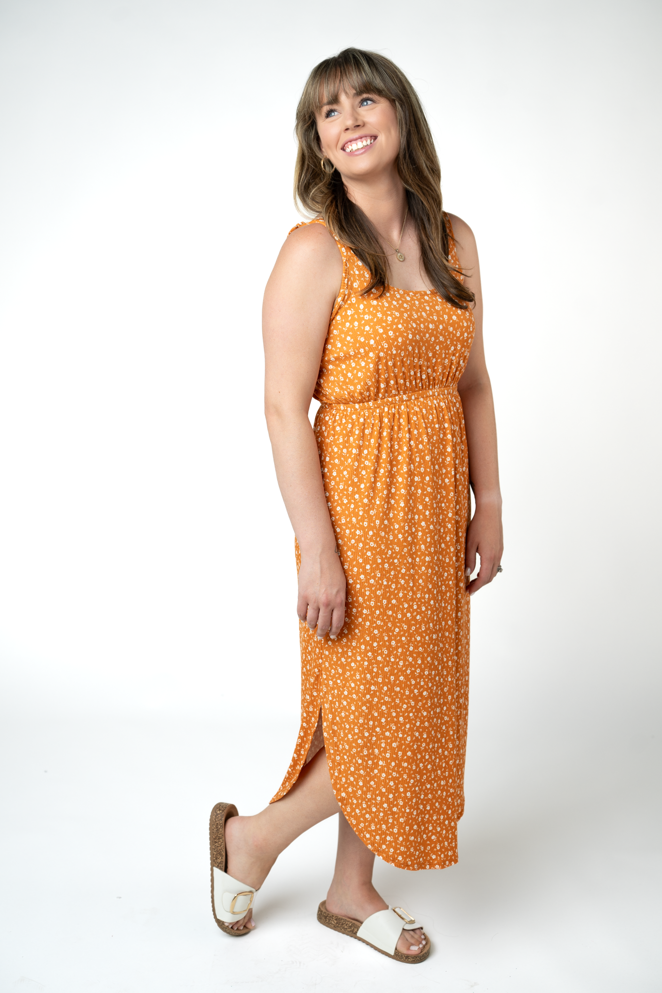 IN STOCK Reagan Ribbed Midi Dress - Pumpkin Floral-Dresses-Dear Me Southern Boutique, located in DeRidder, Louisiana