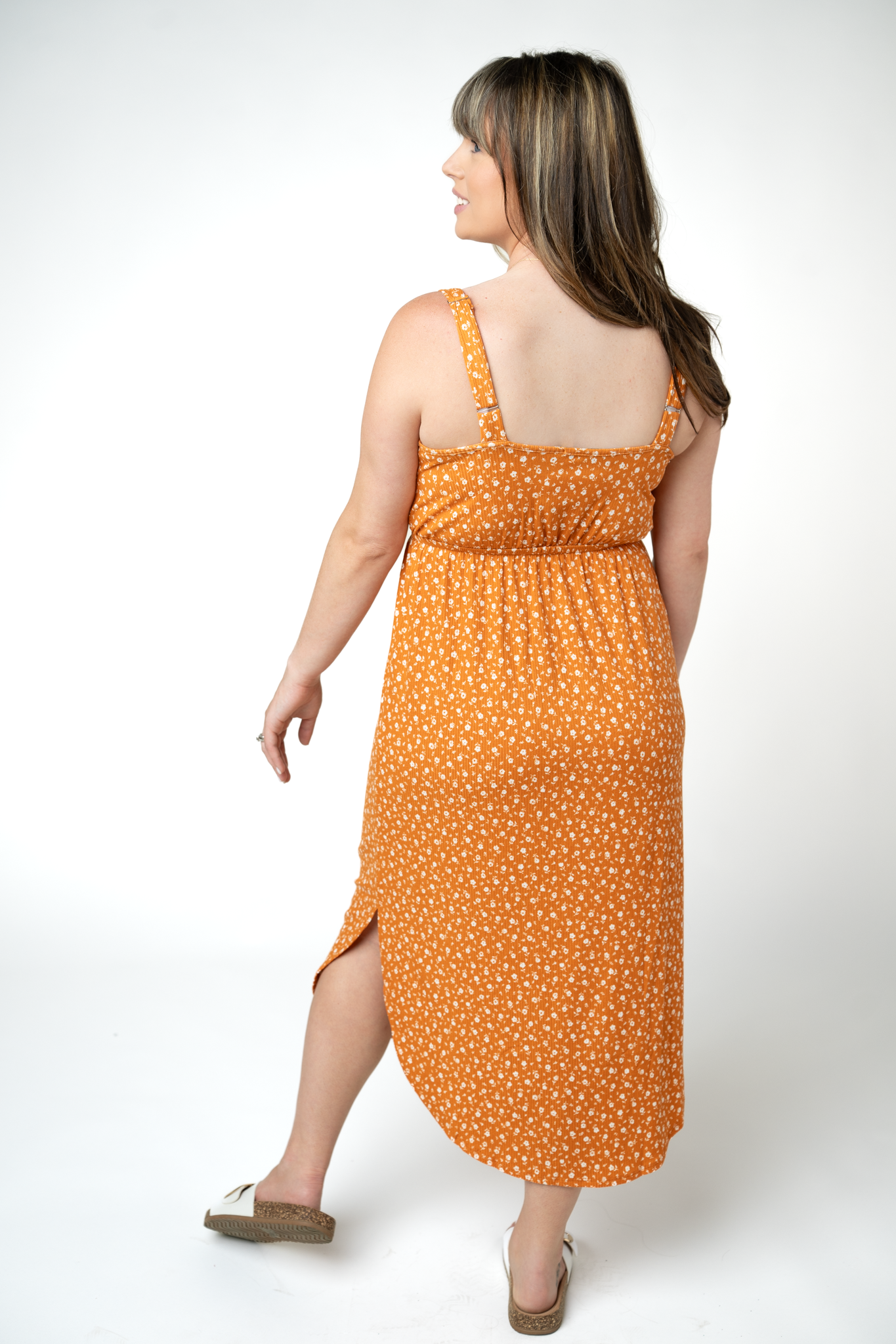 IN STOCK Reagan Ribbed Midi Dress - Pumpkin Floral-Dresses-Dear Me Southern Boutique, located in DeRidder, Louisiana