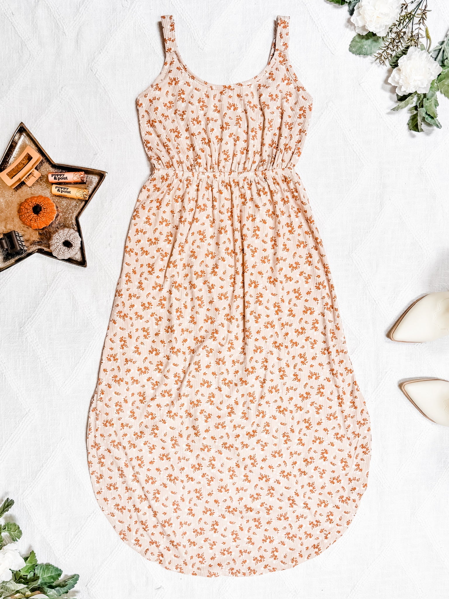IN STOCK Reagan Ribbed Midi Dress - Sand and Rust Floral-Dresses-Dear Me Southern Boutique, located in DeRidder, Louisiana