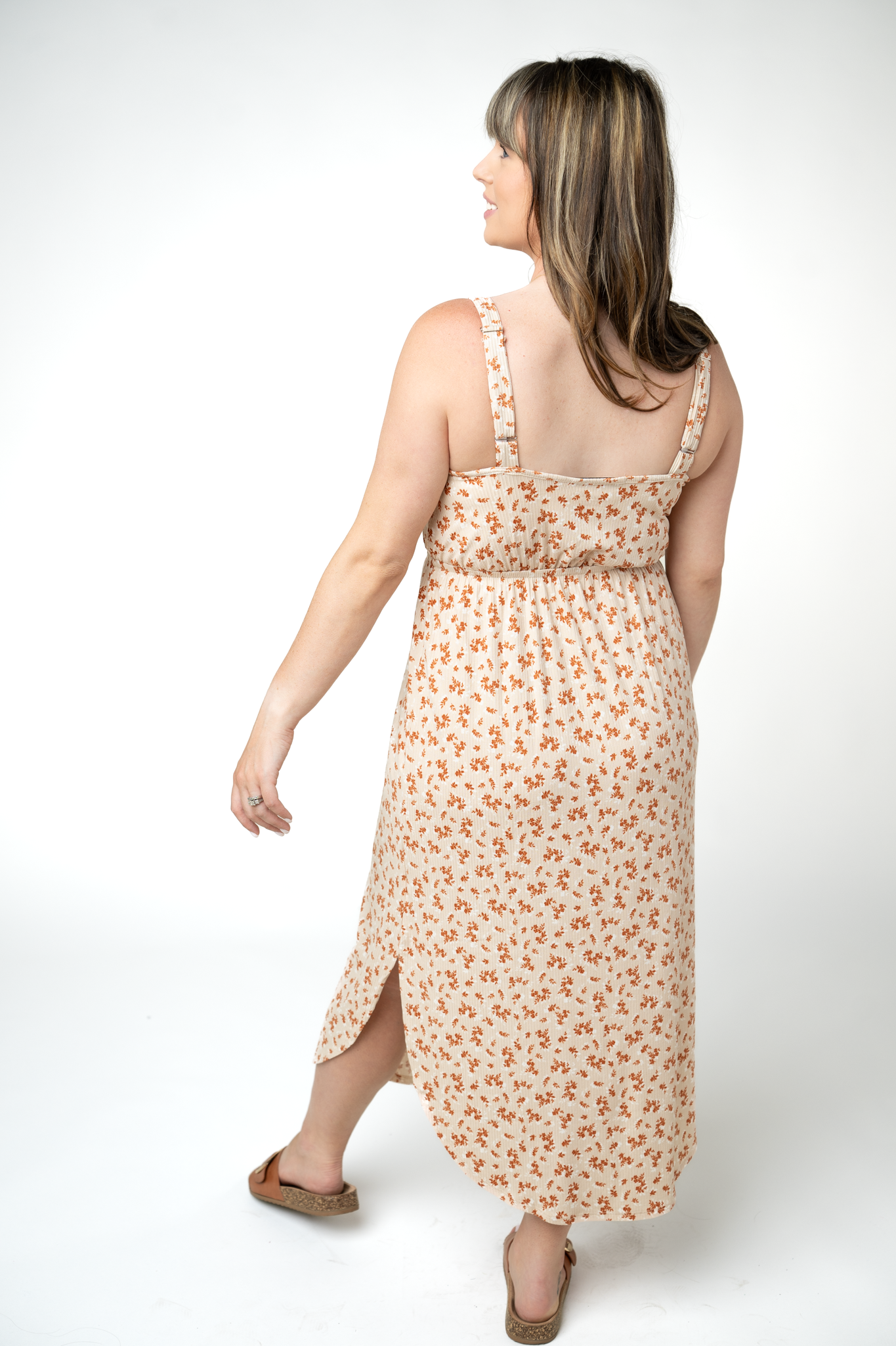 IN STOCK Reagan Ribbed Midi Dress - Sand and Rust Floral-Dresses-Dear Me Southern Boutique, located in DeRidder, Louisiana