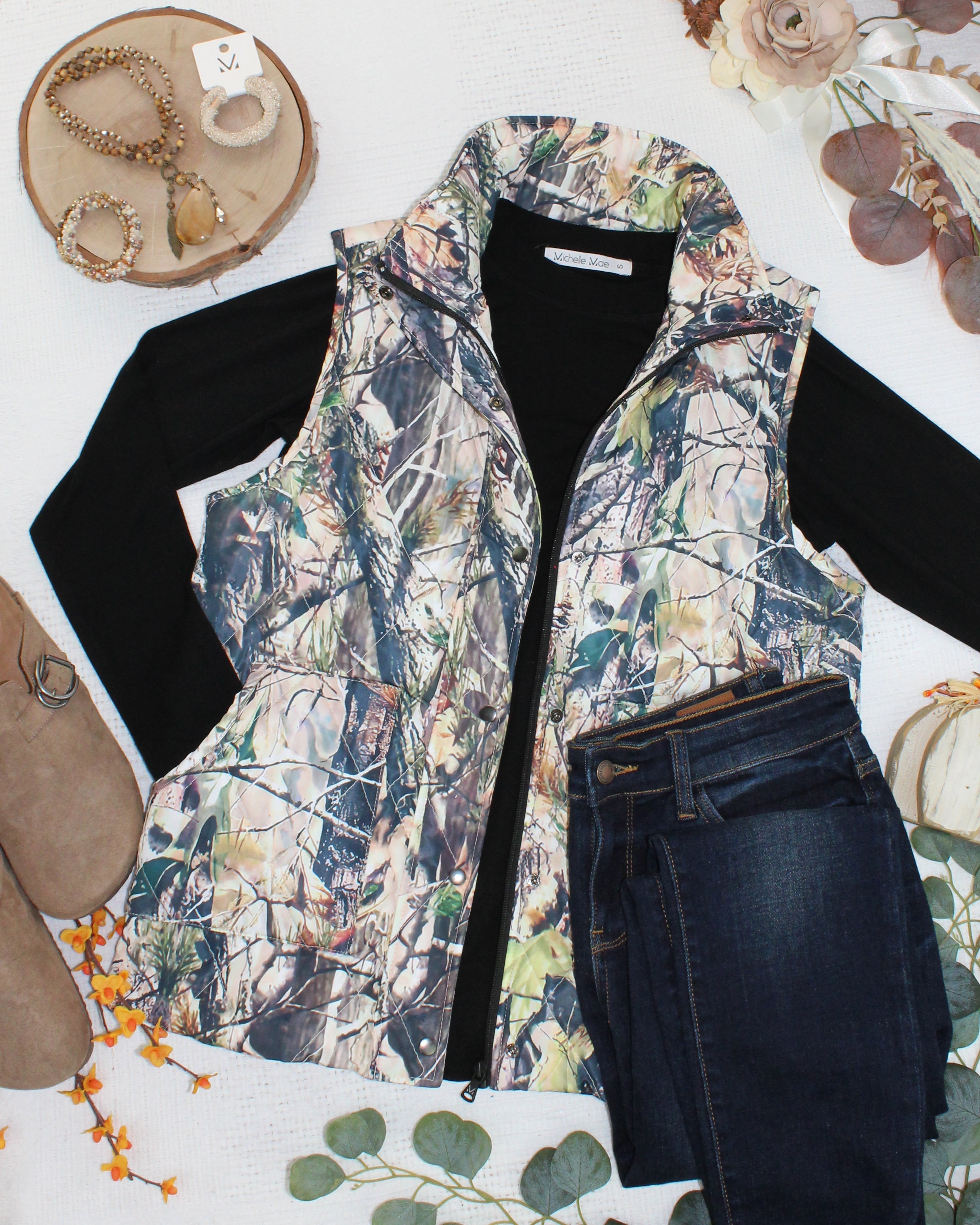 IN STOCK Remy Zip Up Vest - Dark Camo-Vest-Dear Me Southern Boutique, located in DeRidder, Louisiana