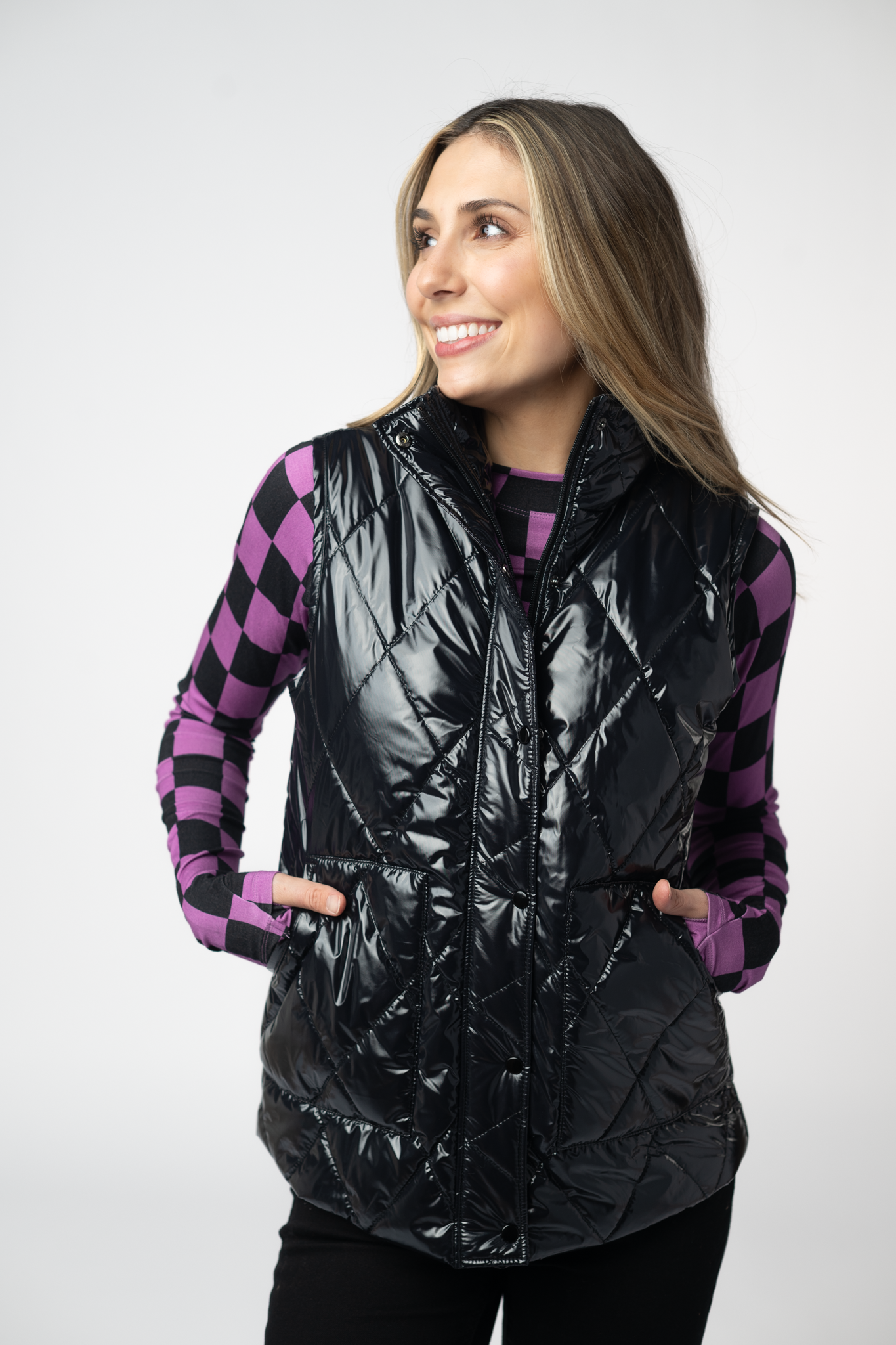 IN STOCK Remy Zip Up Vest - Shiny Black-Vest-Dear Me Southern Boutique, located in DeRidder, Louisiana