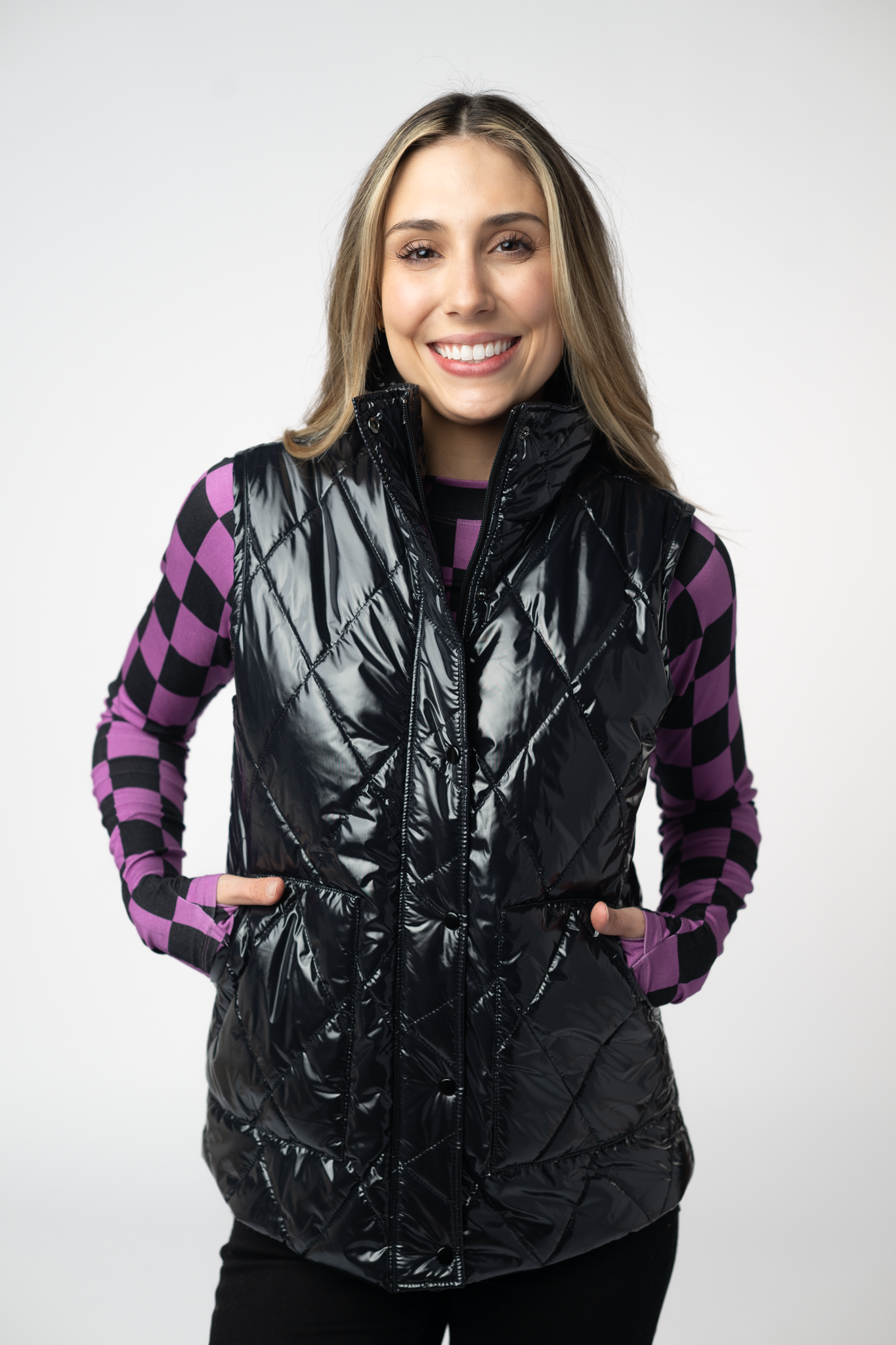 IN STOCK Remy Zip Up Vest - Shiny Black-Vest-Dear Me Southern Boutique, located in DeRidder, Louisiana