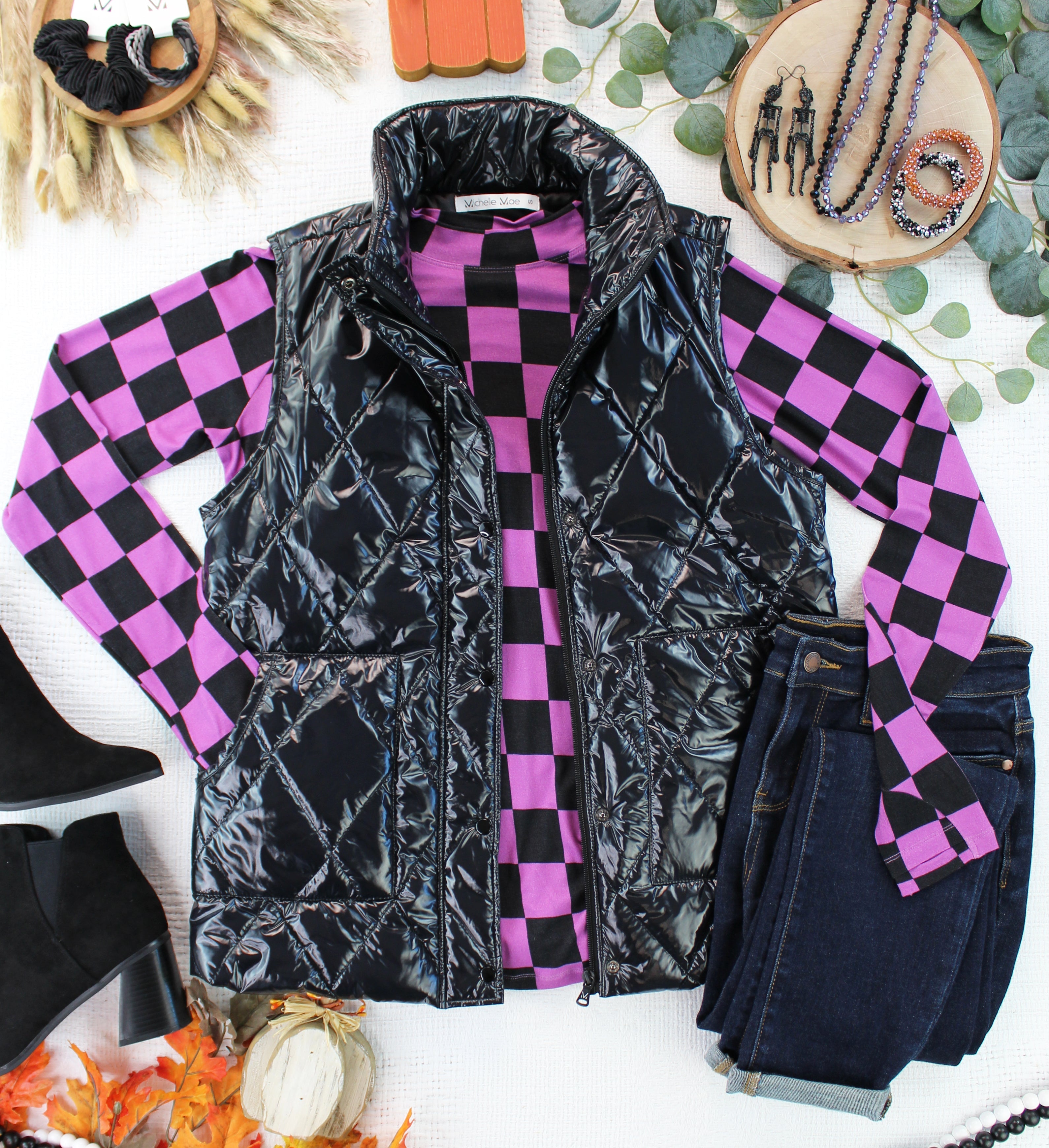 IN STOCK Remy Zip Up Vest - Shiny Black-Vest-Dear Me Southern Boutique, located in DeRidder, Louisiana