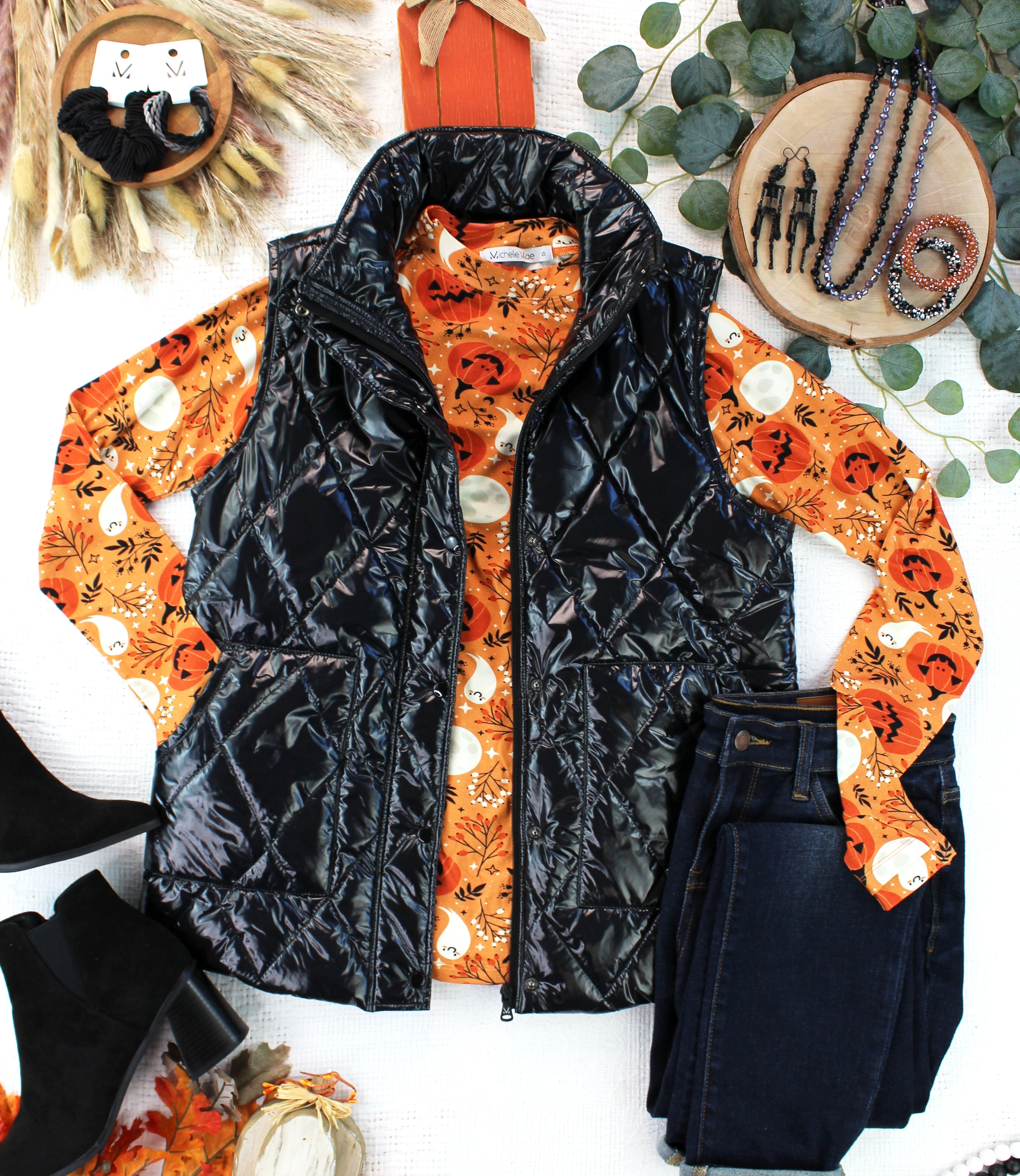 IN STOCK Remy Zip Up Vest - Shiny Black-Vest-Dear Me Southern Boutique, located in DeRidder, Louisiana