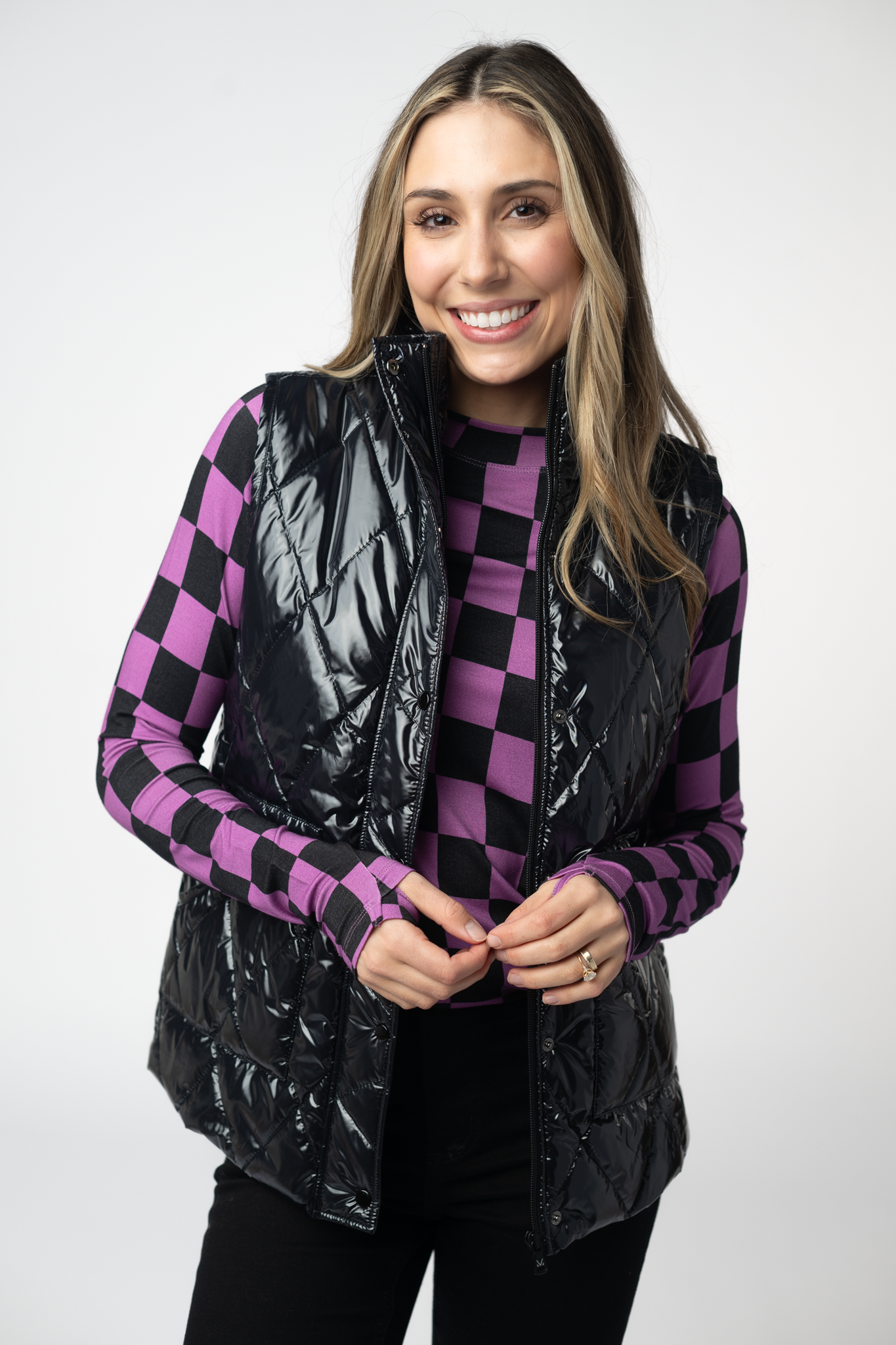 IN STOCK Remy Zip Up Vest - Shiny Black-Vest-Dear Me Southern Boutique, located in DeRidder, Louisiana