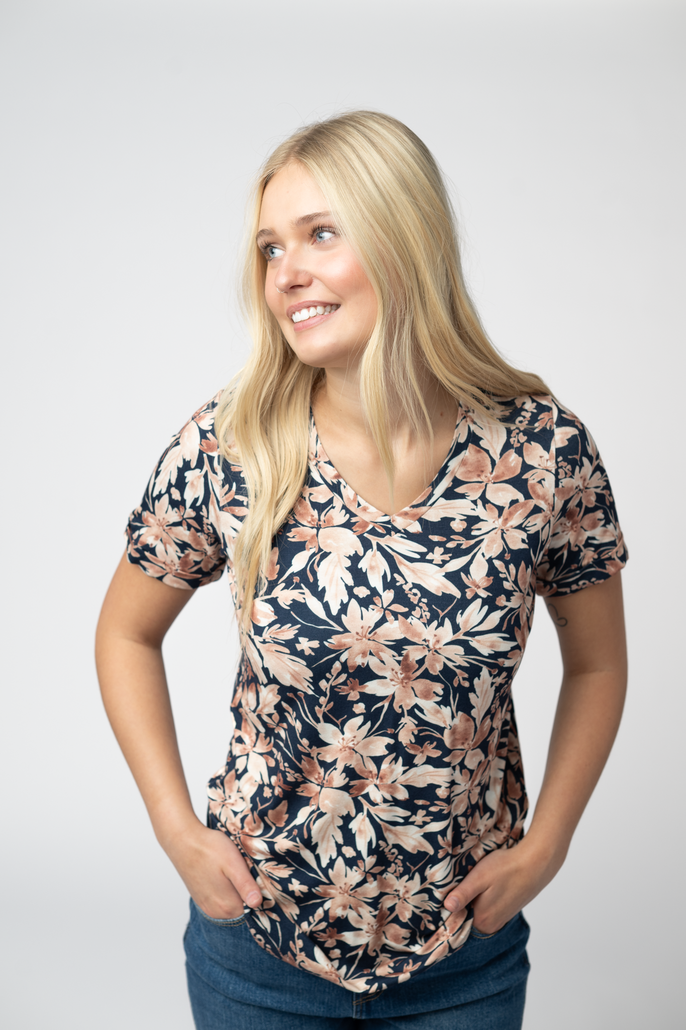 IN STOCK Sophie Top - Navy Autumn Petals-Shirts-Dear Me Southern Boutique, located in DeRidder, Louisiana
