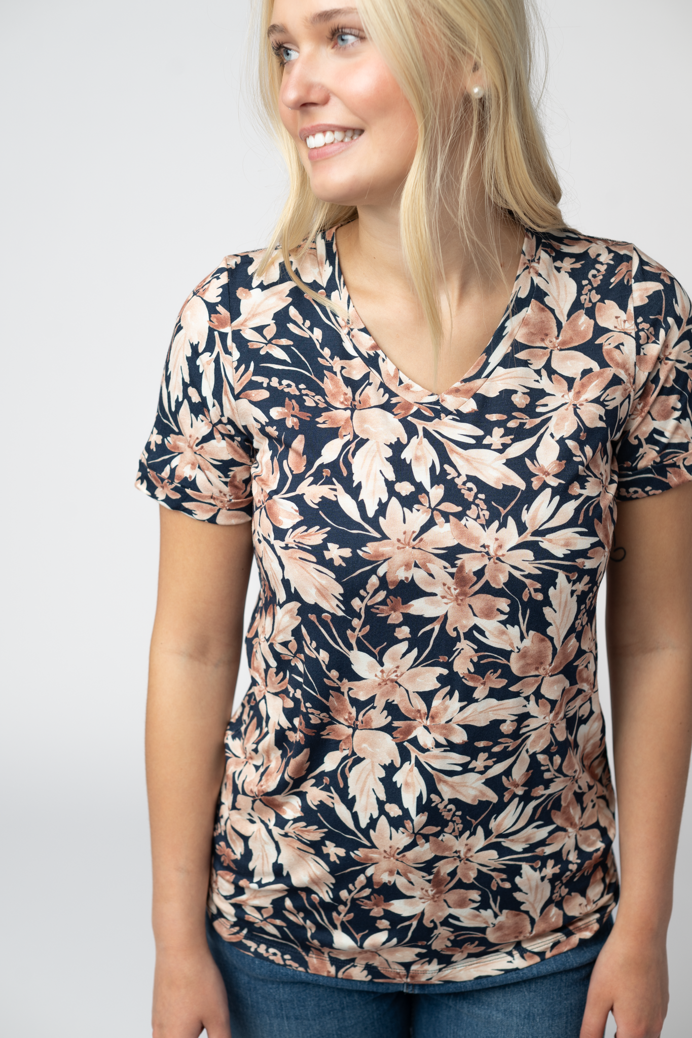 IN STOCK Sophie Top - Navy Autumn Petals-Shirts-Dear Me Southern Boutique, located in DeRidder, Louisiana