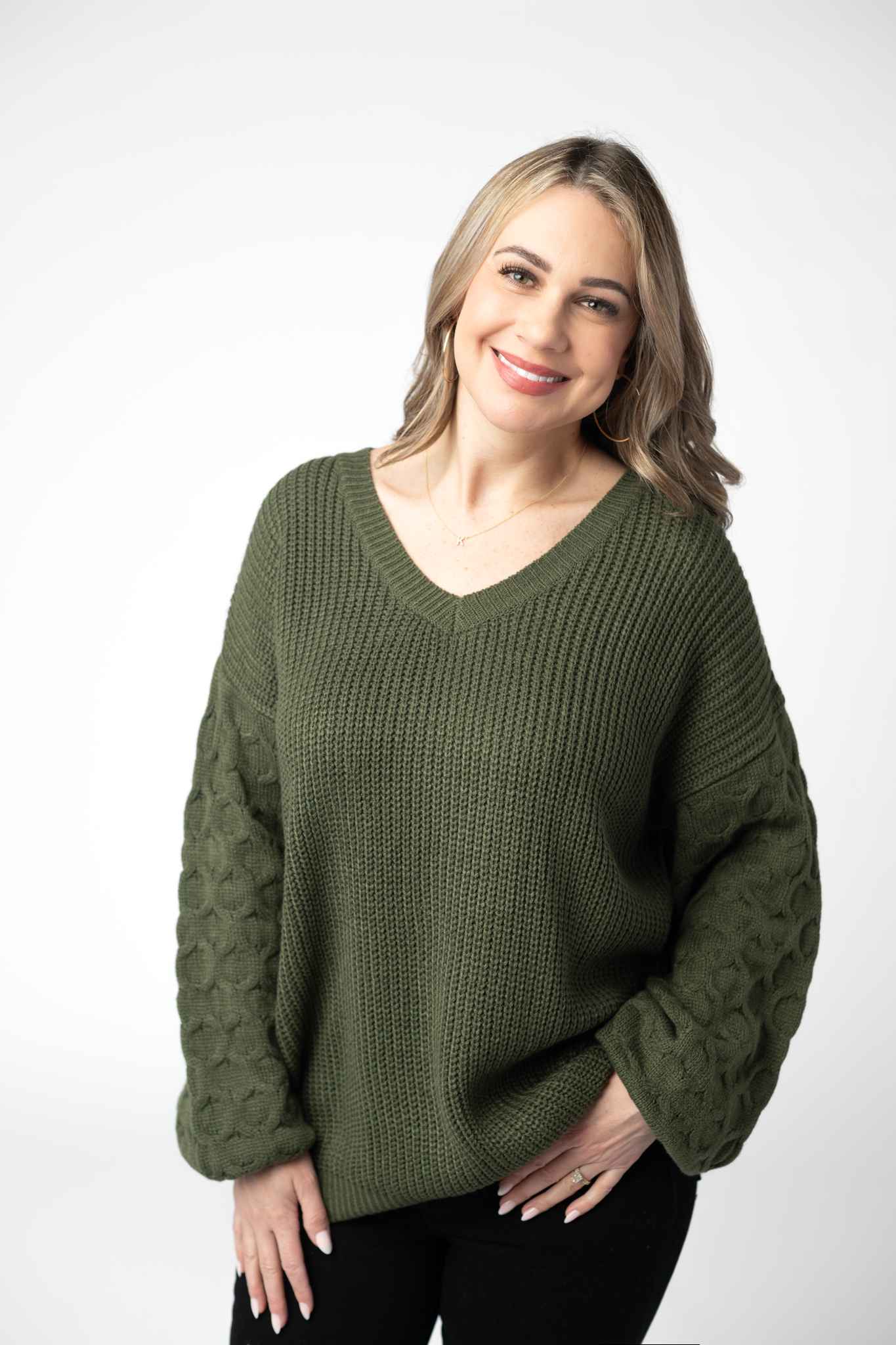 IN STOCK Talina Textured Sweater - Olive-Sweater-Dear Me Southern Boutique, located in DeRidder, Louisiana