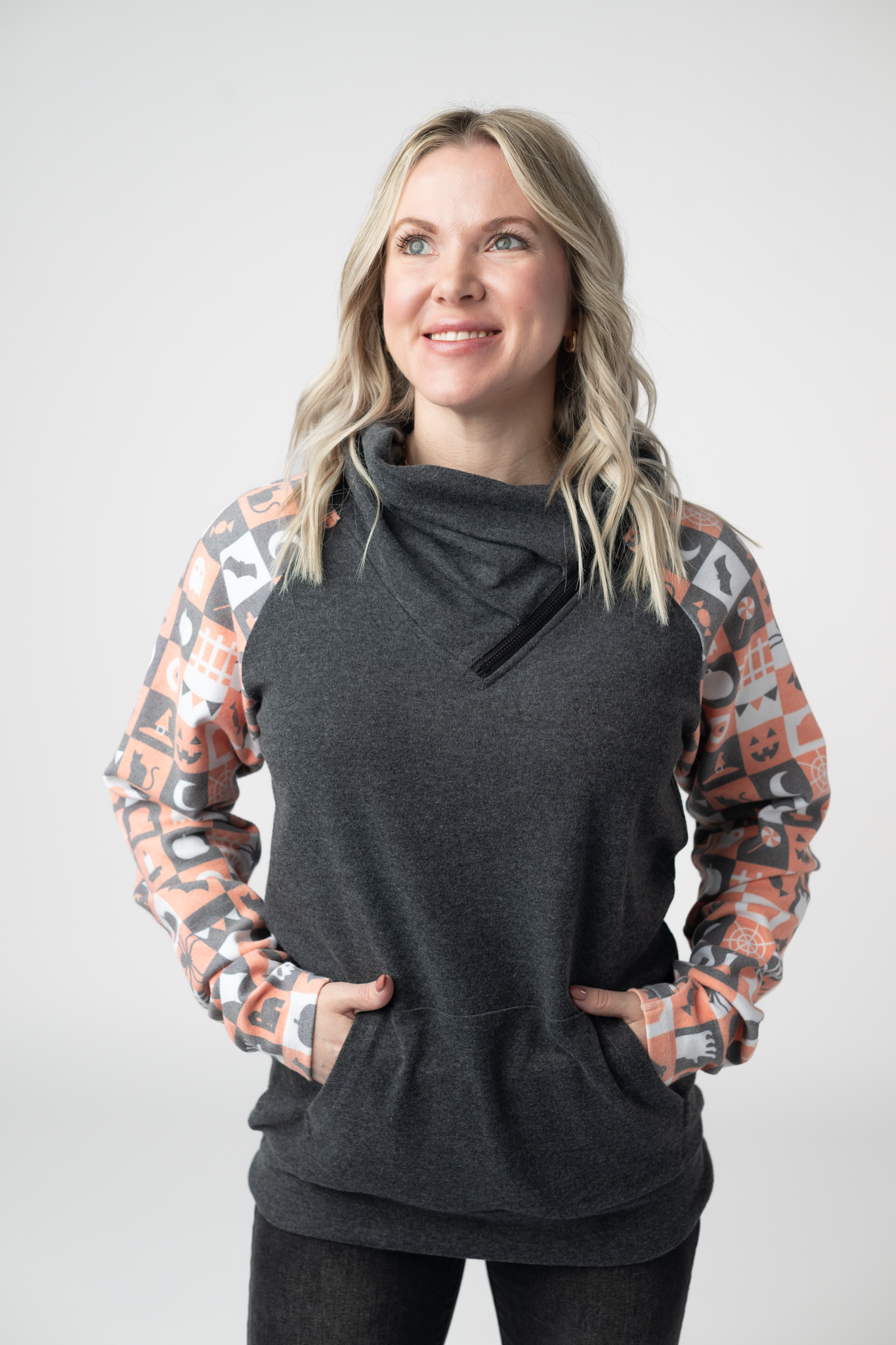 IN STOCK Zoey ZipCowl Sweatshirt -Trick-or-Treat Checkered and Charcoal-Pullover-Dear Me Southern Boutique, located in DeRidder, Louisiana