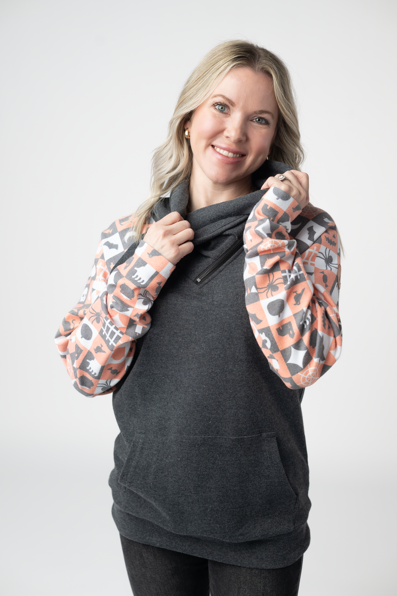 IN STOCK Zoey ZipCowl Sweatshirt -Trick-or-Treat Checkered and Charcoal-Pullover-Dear Me Southern Boutique, located in DeRidder, Louisiana