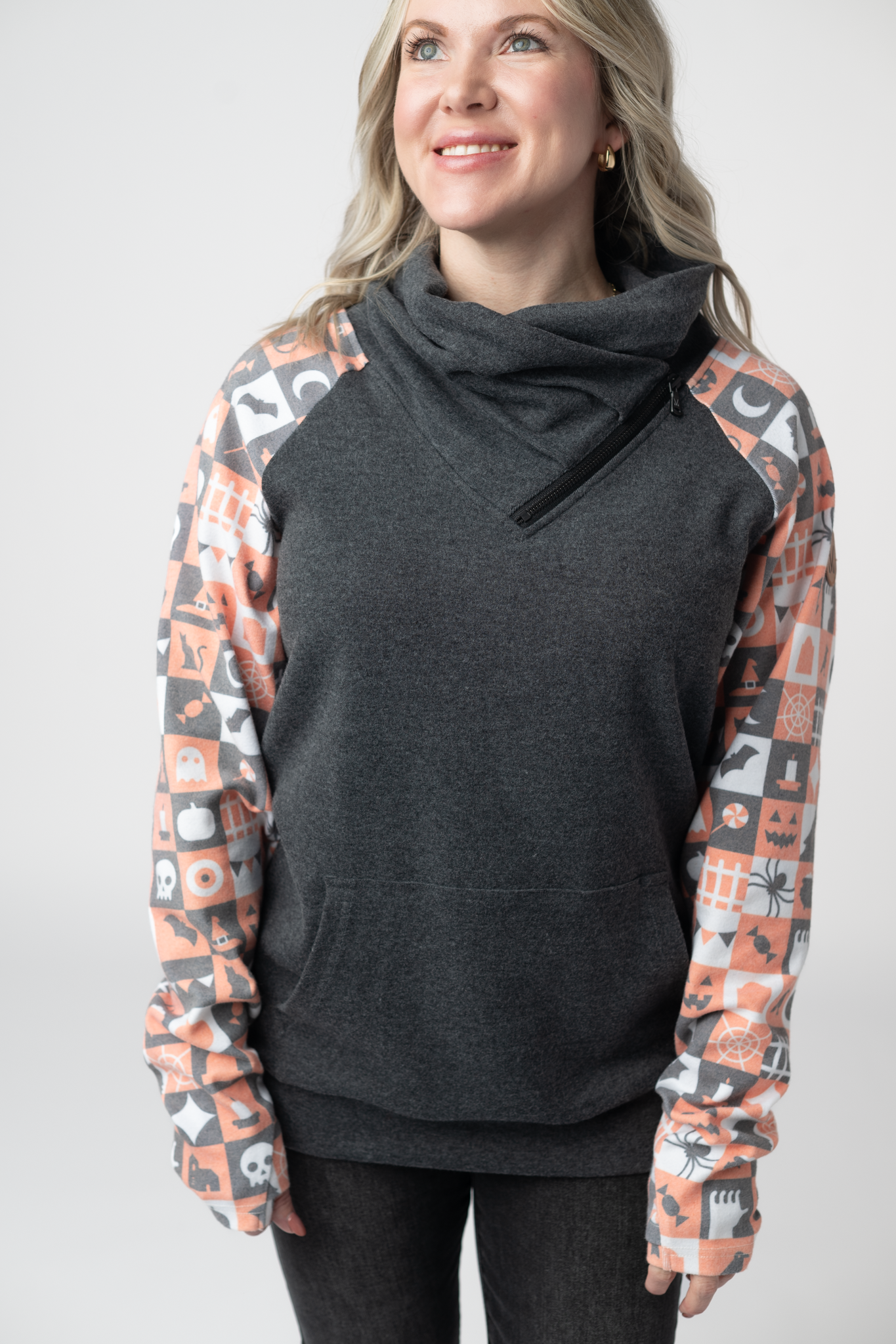 IN STOCK Zoey ZipCowl Sweatshirt -Trick-or-Treat Checkered and Charcoal-Pullover-Dear Me Southern Boutique, located in DeRidder, Louisiana