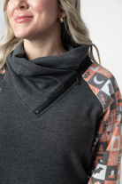 IN STOCK Zoey ZipCowl Sweatshirt -Trick-or-Treat Checkered and Charcoal-Pullover-Dear Me Southern Boutique, located in DeRidder, Louisiana