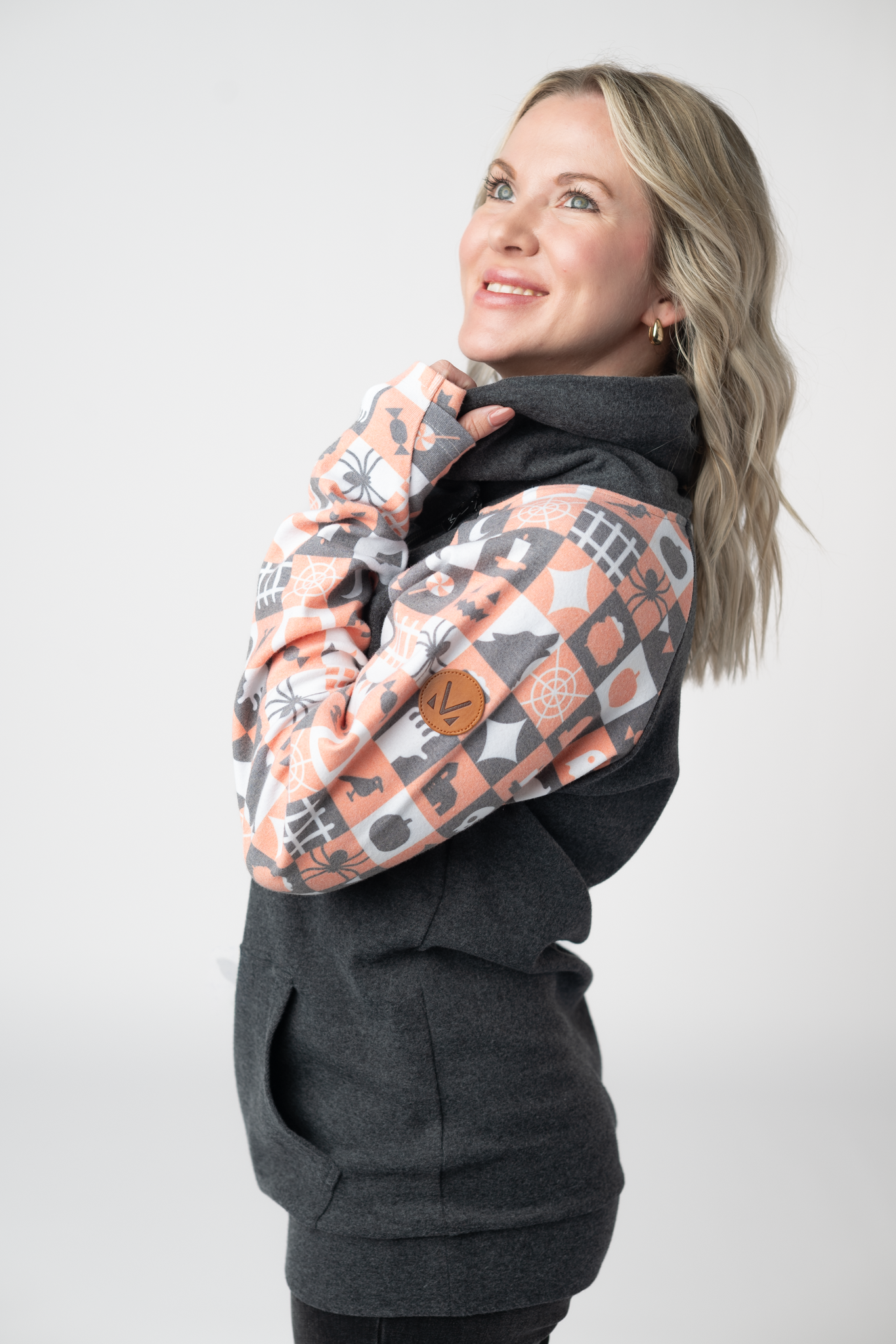 IN STOCK Zoey ZipCowl Sweatshirt -Trick-or-Treat Checkered and Charcoal-Pullover-Dear Me Southern Boutique, located in DeRidder, Louisiana