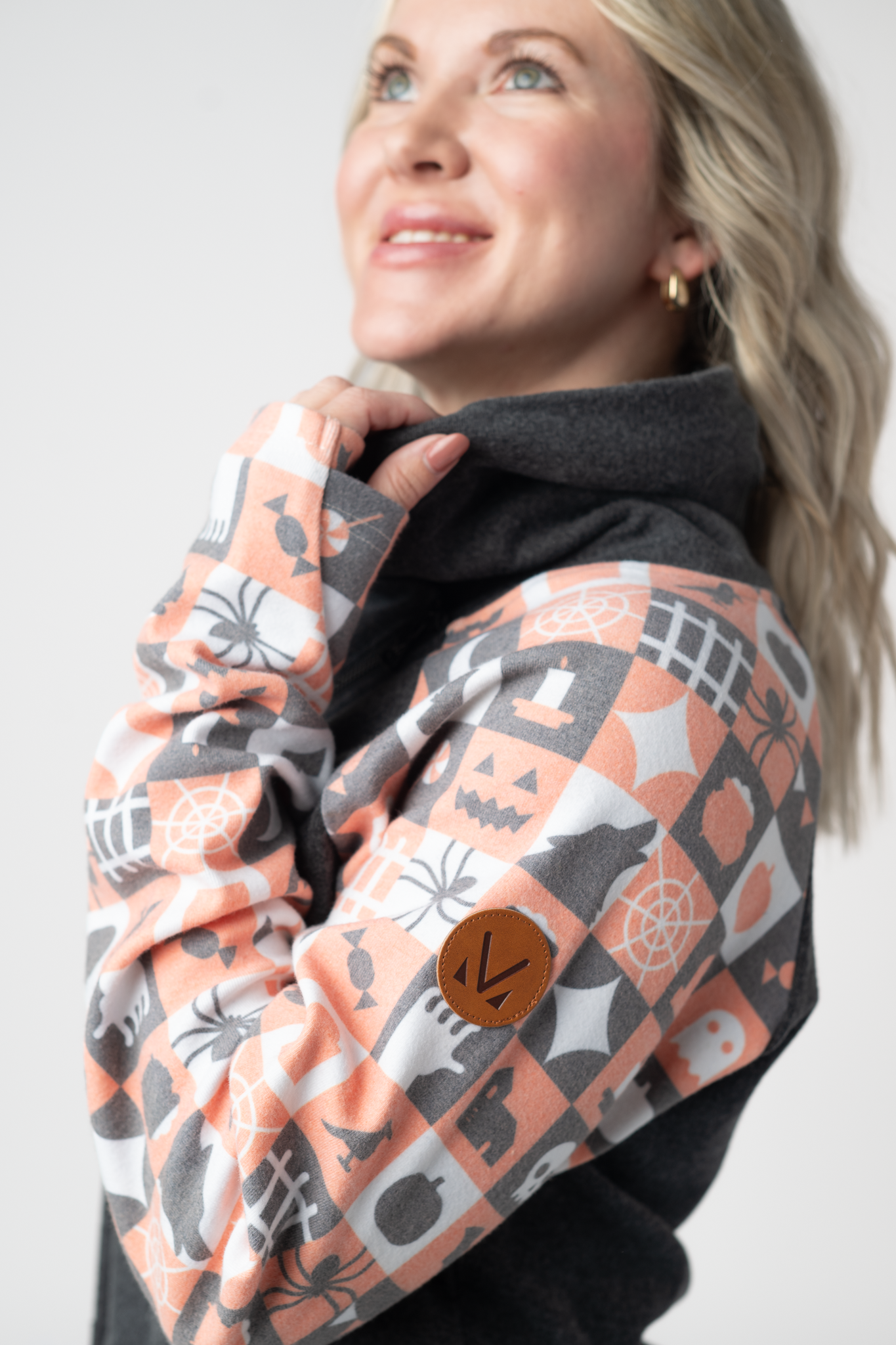IN STOCK Zoey ZipCowl Sweatshirt -Trick-or-Treat Checkered and Charcoal-Pullover-Dear Me Southern Boutique, located in DeRidder, Louisiana