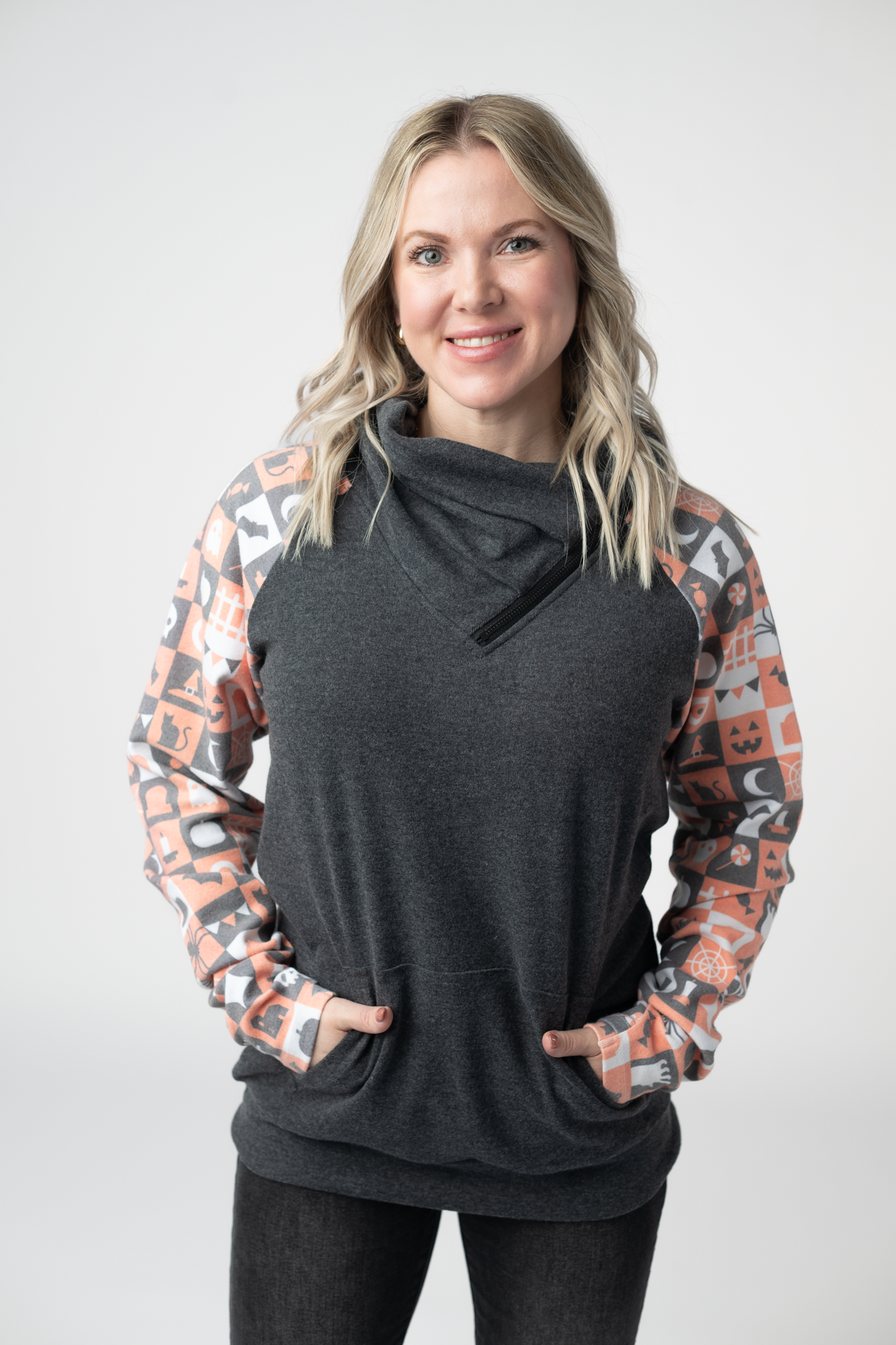 IN STOCK Zoey ZipCowl Sweatshirt -Trick-or-Treat Checkered and Charcoal-Pullover-Dear Me Southern Boutique, located in DeRidder, Louisiana