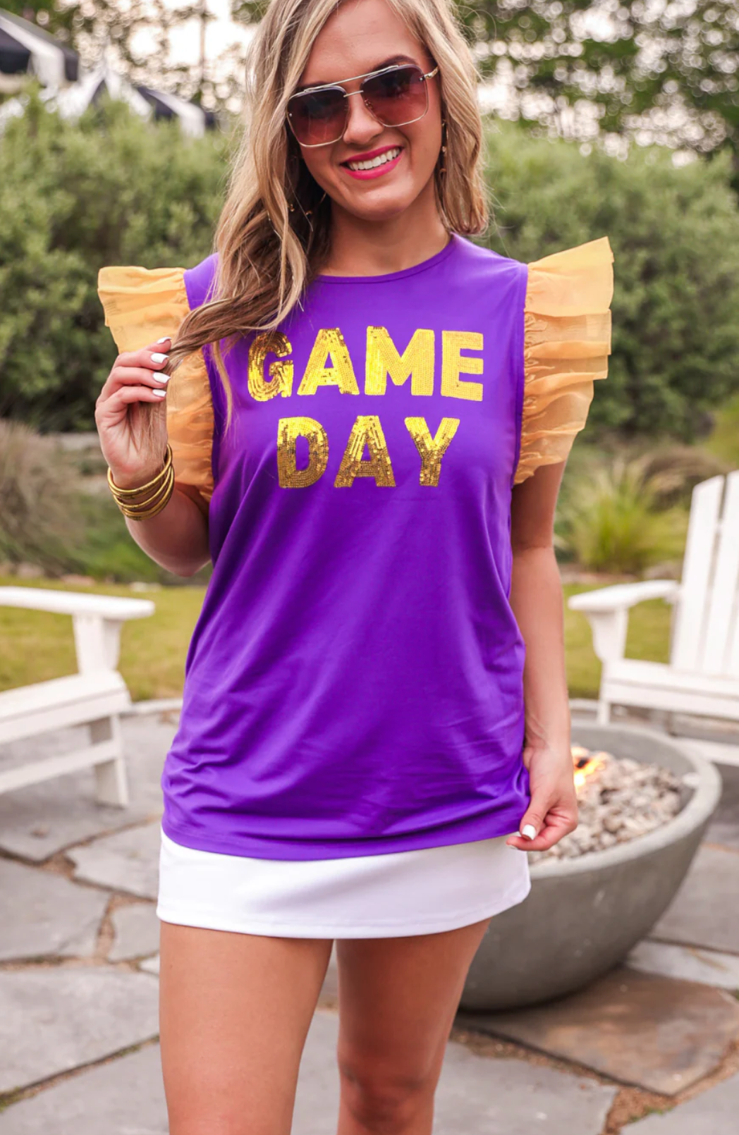 It's Game Day Sequin Patch Top - Purple/Gold-Top-Dear Me Southern Boutique, located in DeRidder, Louisiana