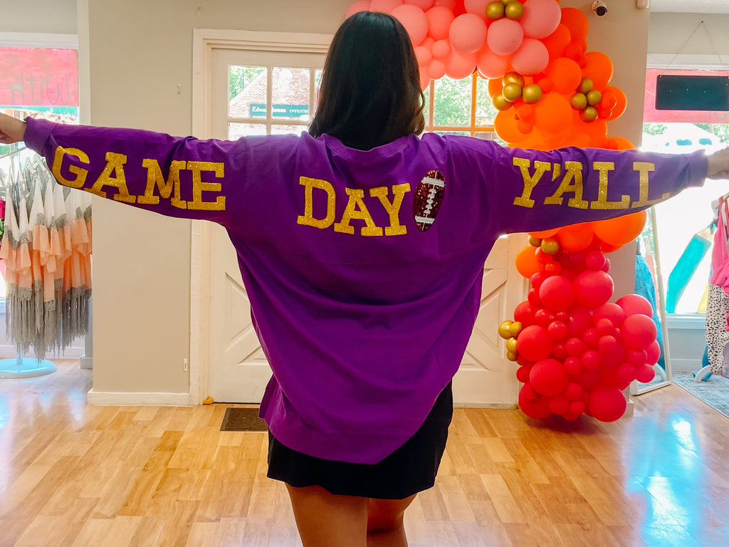 It's Game Day Yall LSU Pullover-Dear Me Southern Boutique, located in DeRidder, Louisiana