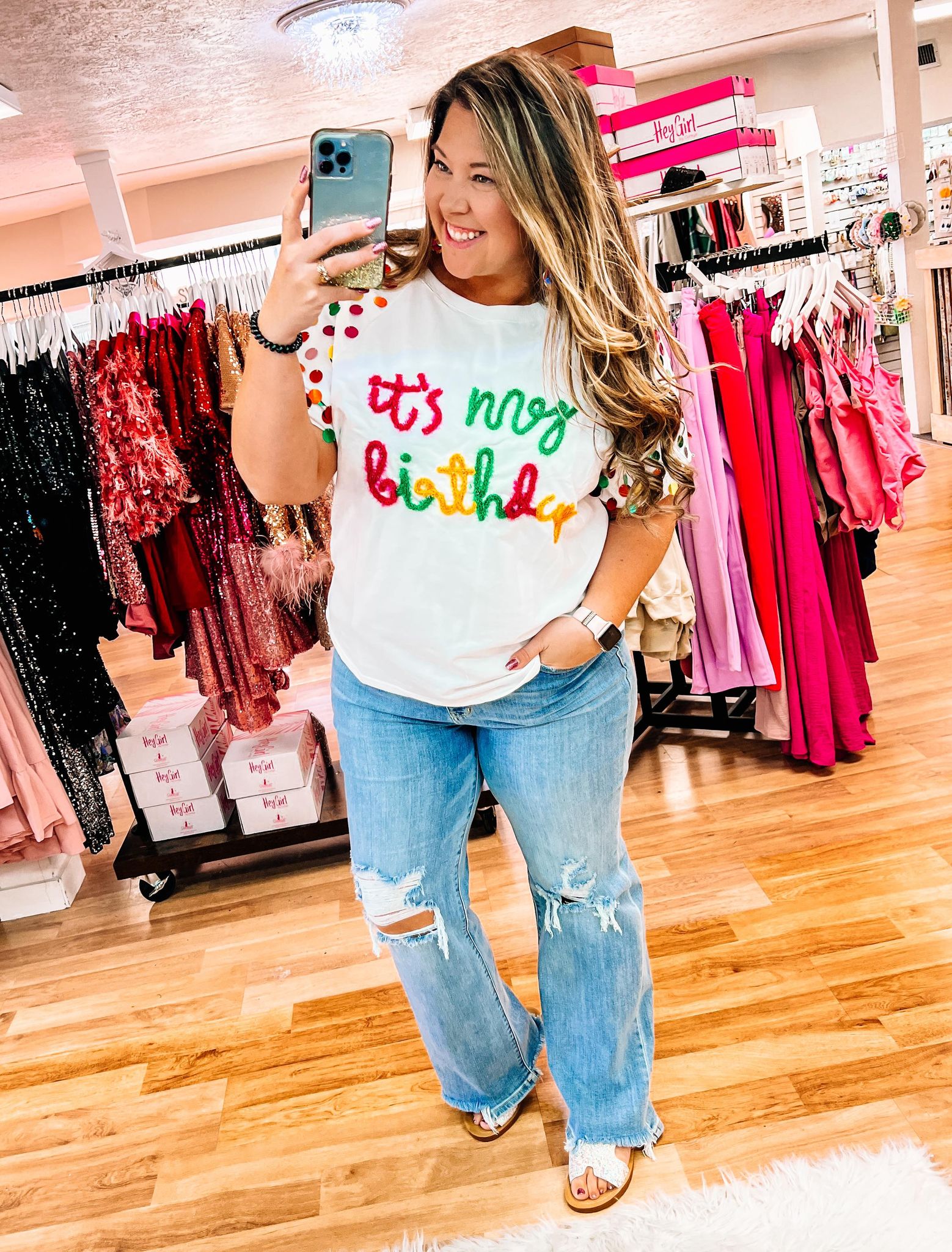 It's My Birthday Tinsel & Sequin Top-Short Sleeves-Dear Me Southern Boutique, located in DeRidder, Louisiana