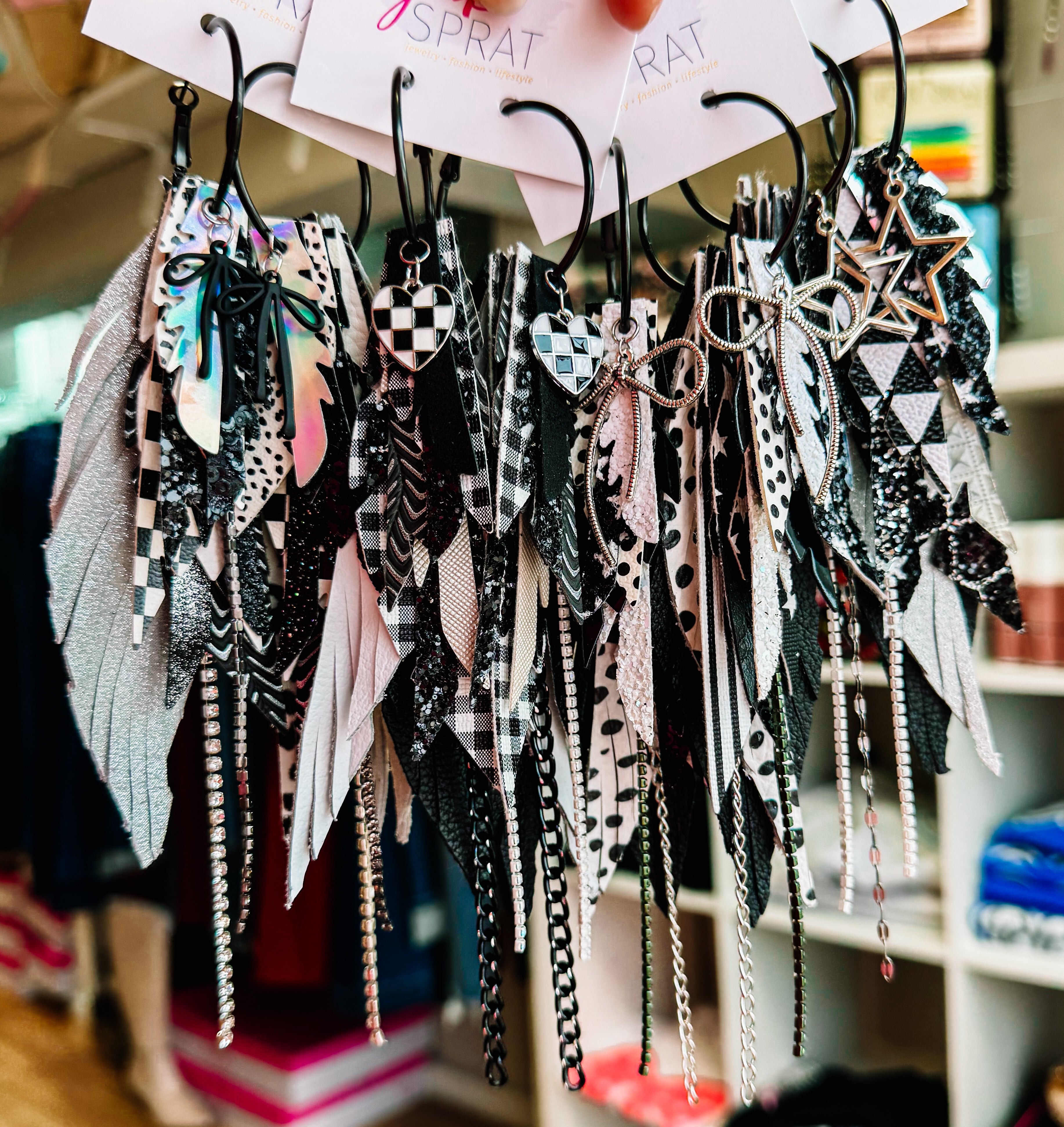 Jak Sprat Black, White & Checkered Collection: Medium Mic Drop Dangles-Earrings-Dear Me Southern Boutique, located in DeRidder, Louisiana