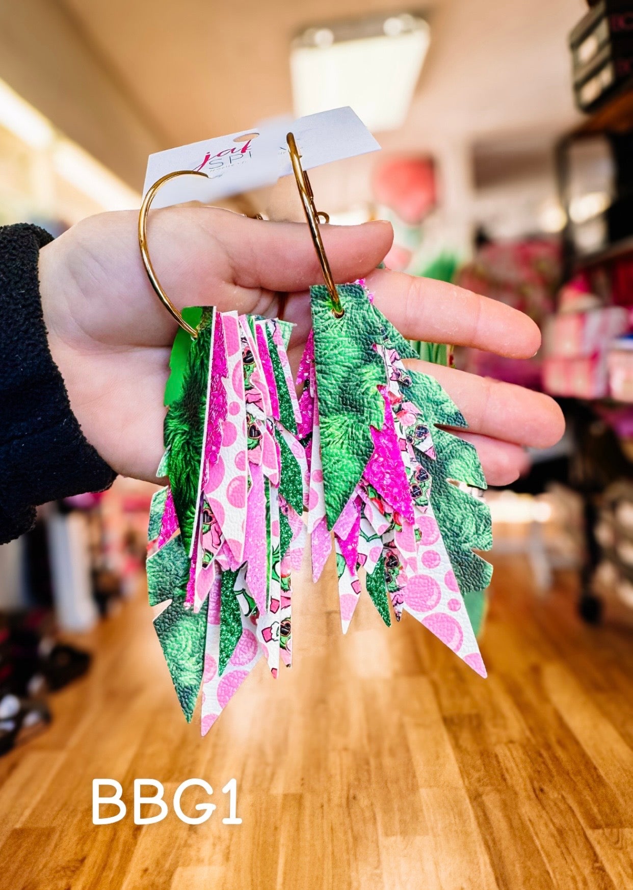 Jak Sprat Bubble Gum Grinchy Collection: Fabulous Feather Dangles-Jewelry - Earrings-Dear Me Southern Boutique, located in DeRidder, Louisiana
