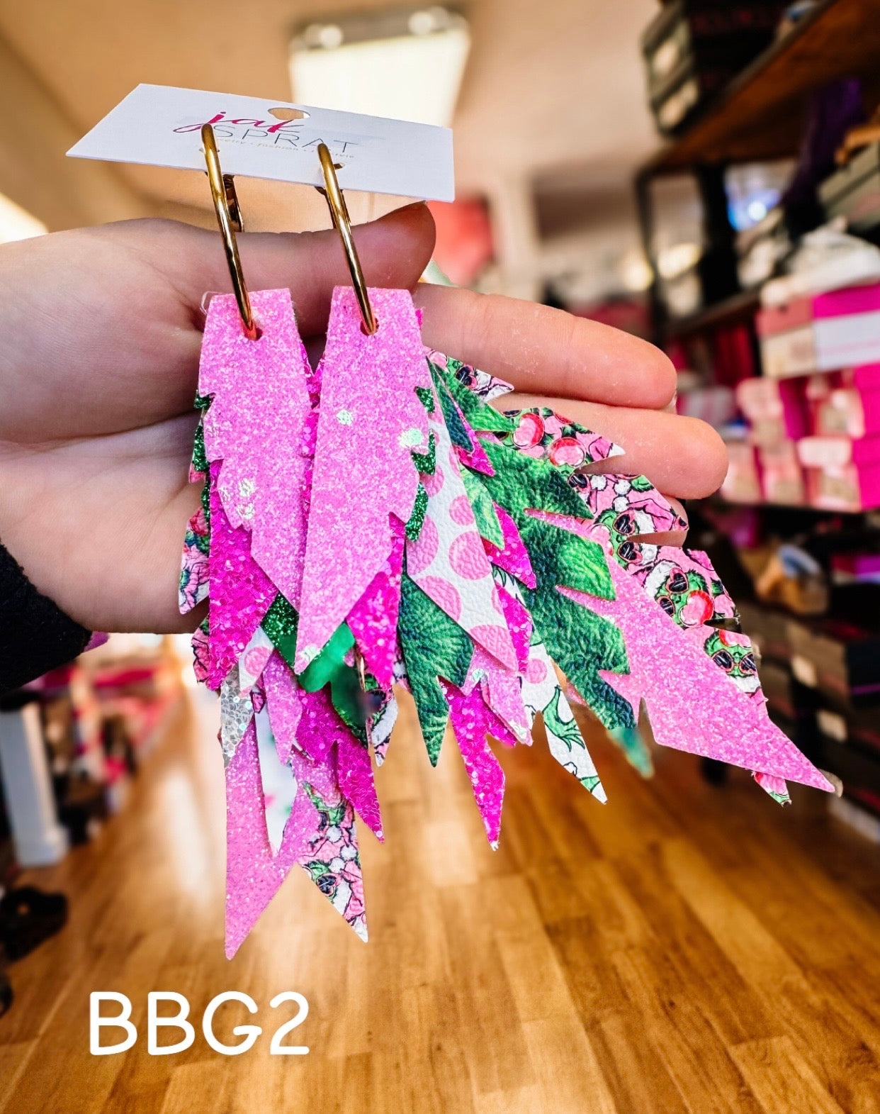 Jak Sprat Bubble Gum Grinchy Collection: Fabulous Feather Dangles-Jewelry - Earrings-Dear Me Southern Boutique, located in DeRidder, Louisiana