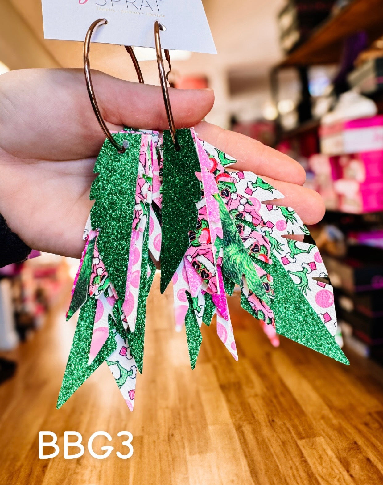 Jak Sprat Bubble Gum Grinchy Collection: Fabulous Feather Dangles-Jewelry - Earrings-Dear Me Southern Boutique, located in DeRidder, Louisiana