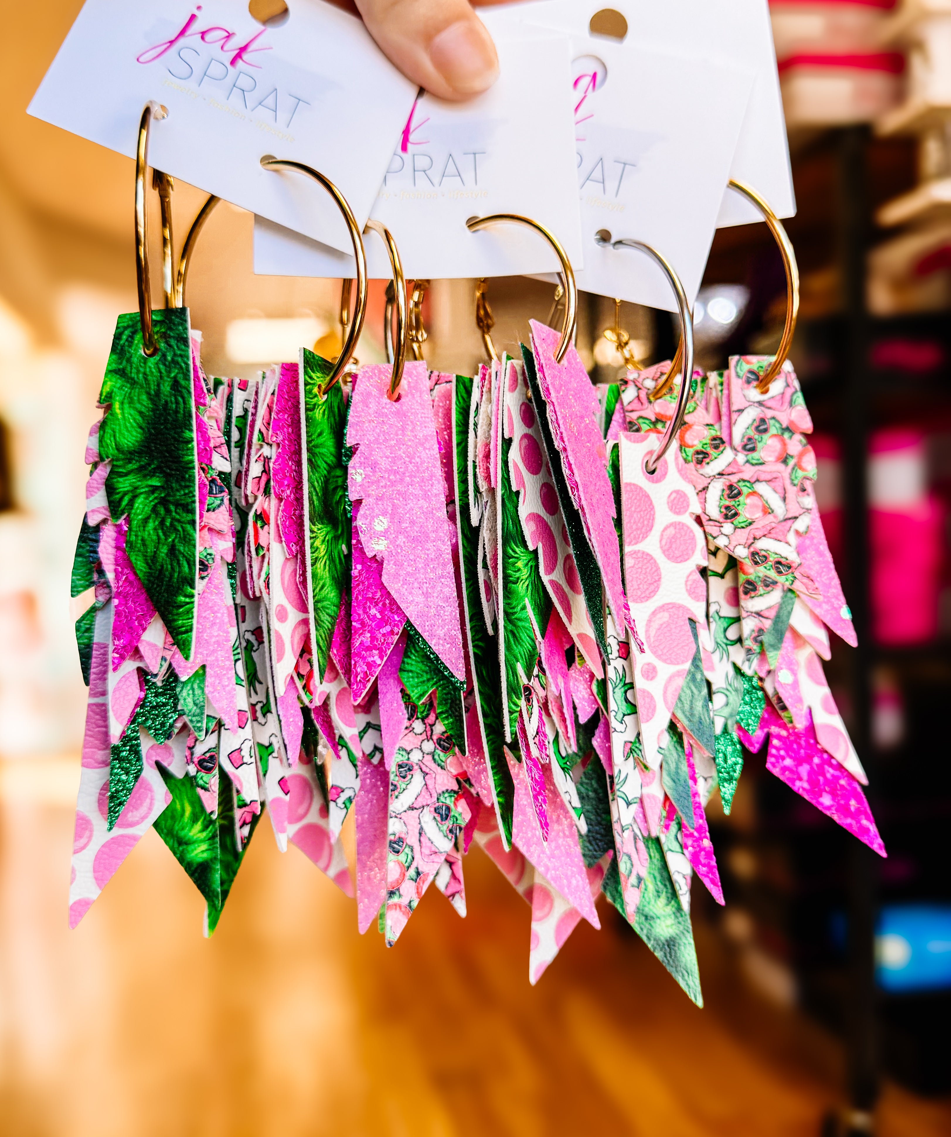 Jak Sprat Bubble Gum Grinchy Collection: Fabulous Feather Dangles-Jewelry - Earrings-Dear Me Southern Boutique, located in DeRidder, Louisiana