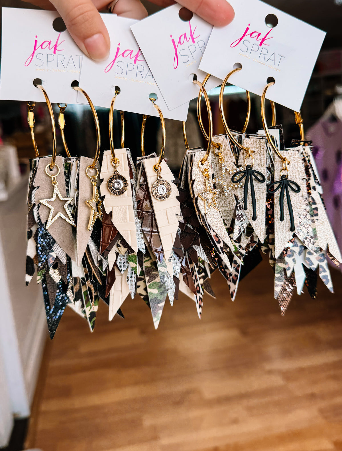 Jak Sprat Feral & Fabulous-Army Camo Collection: Charmed Fabulous Feather Dangles-Jewelry - Earrings-Dear Me Southern Boutique, located in DeRidder, Louisiana
