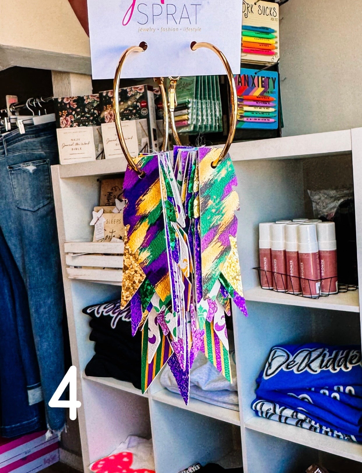 Jak Sprat Mardi Gras Collection: Fabulous Feather Dangles-Earrings-Dear Me Southern Boutique, located in DeRidder, Louisiana