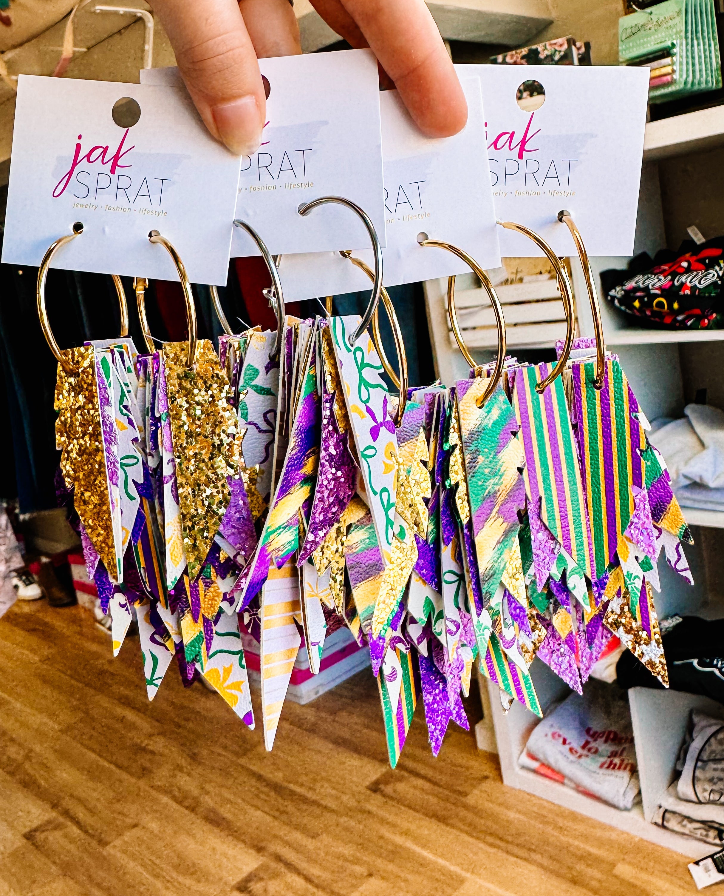 Jak Sprat Mardi Gras Collection: Fabulous Feather Dangles-Earrings-Dear Me Southern Boutique, located in DeRidder, Louisiana