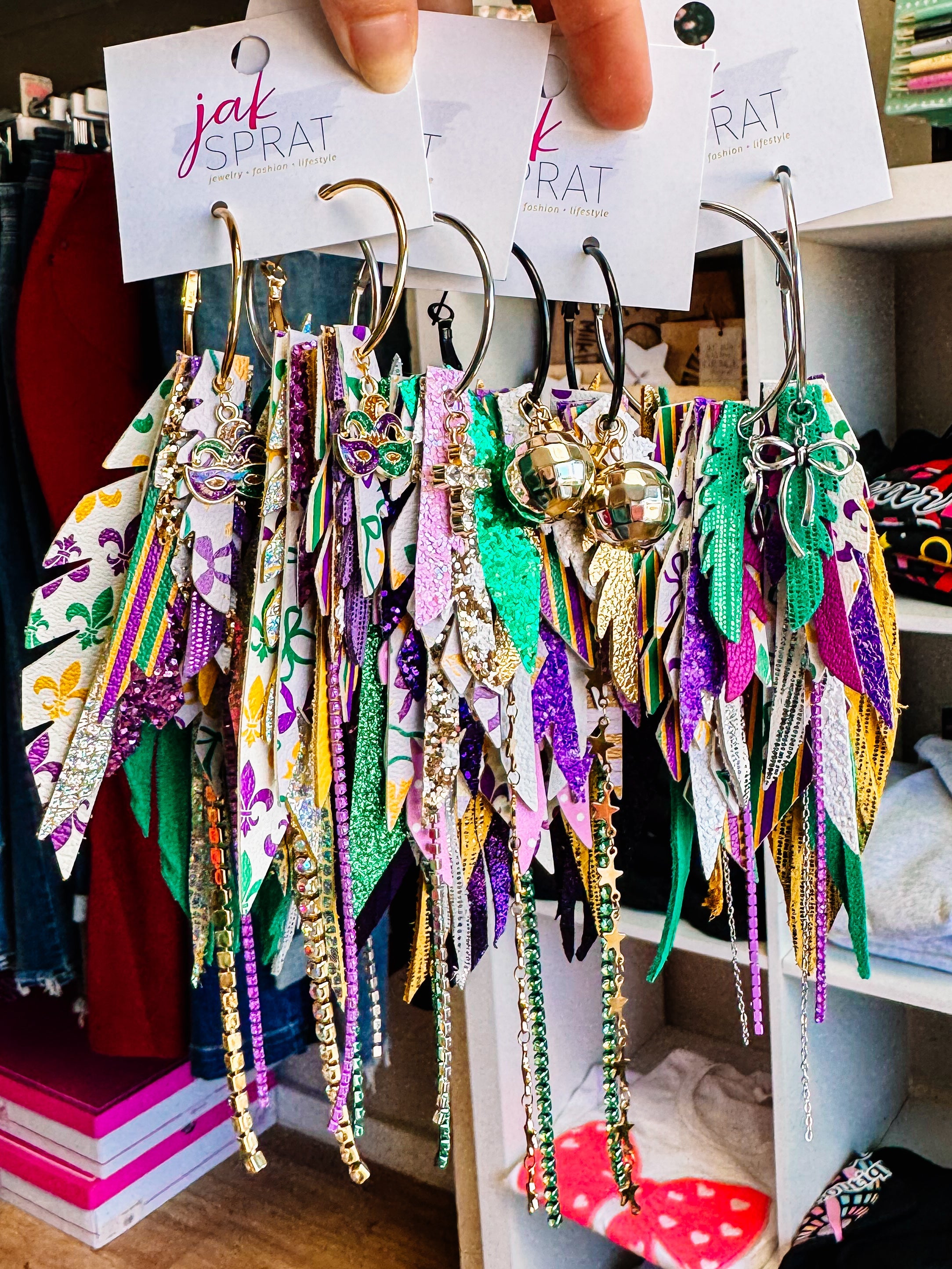 Jak Sprat Mardi Gras Collection: Medium Mic Drop Dangles-Earrings-Dear Me Southern Boutique, located in DeRidder, Louisiana