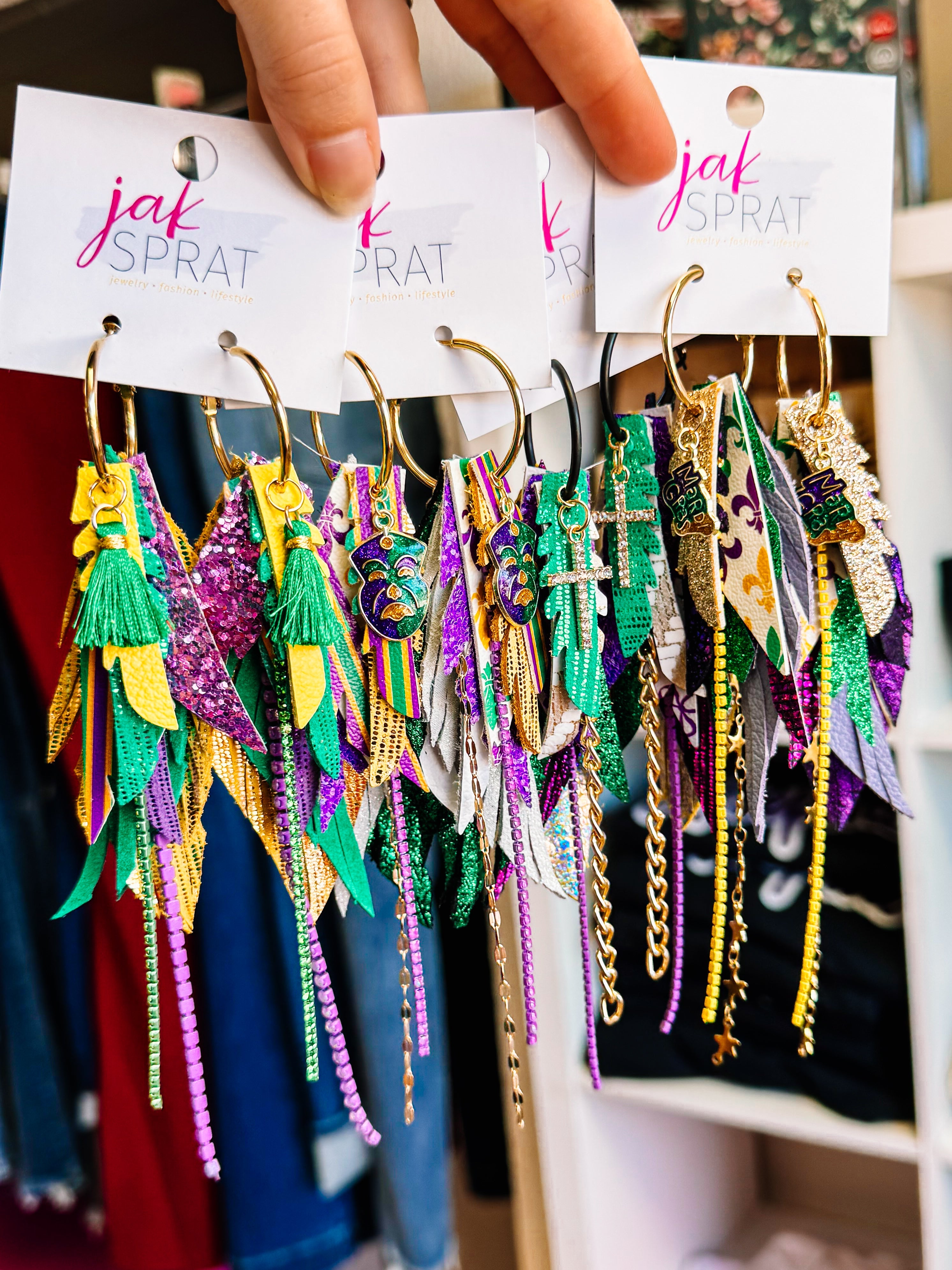 Jak Sprat Mardi Gras Collection: Mini Mic Drop Dangles-Earrings-Dear Me Southern Boutique, located in DeRidder, Louisiana