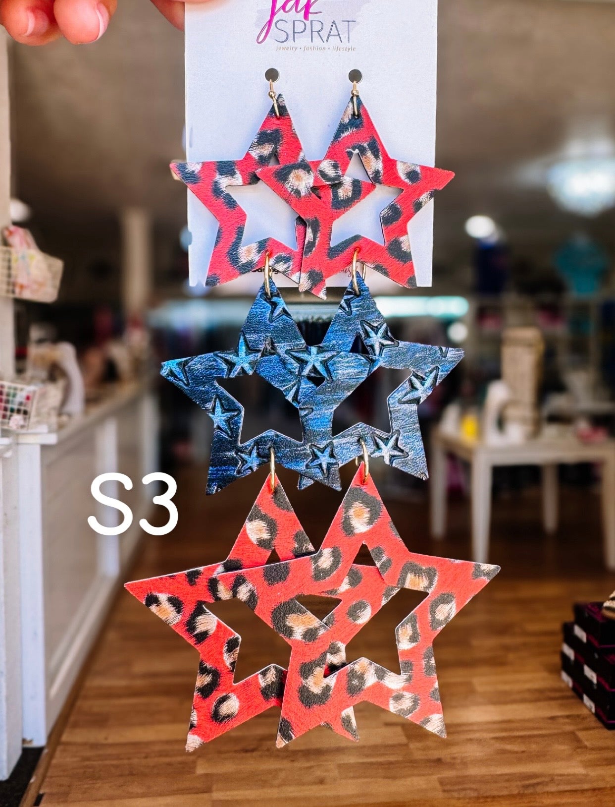 Jak Sprat Red, White & Blue Star Studded Dangles-Jewelry - Earrings-Dear Me Southern Boutique, located in DeRidder, Louisiana