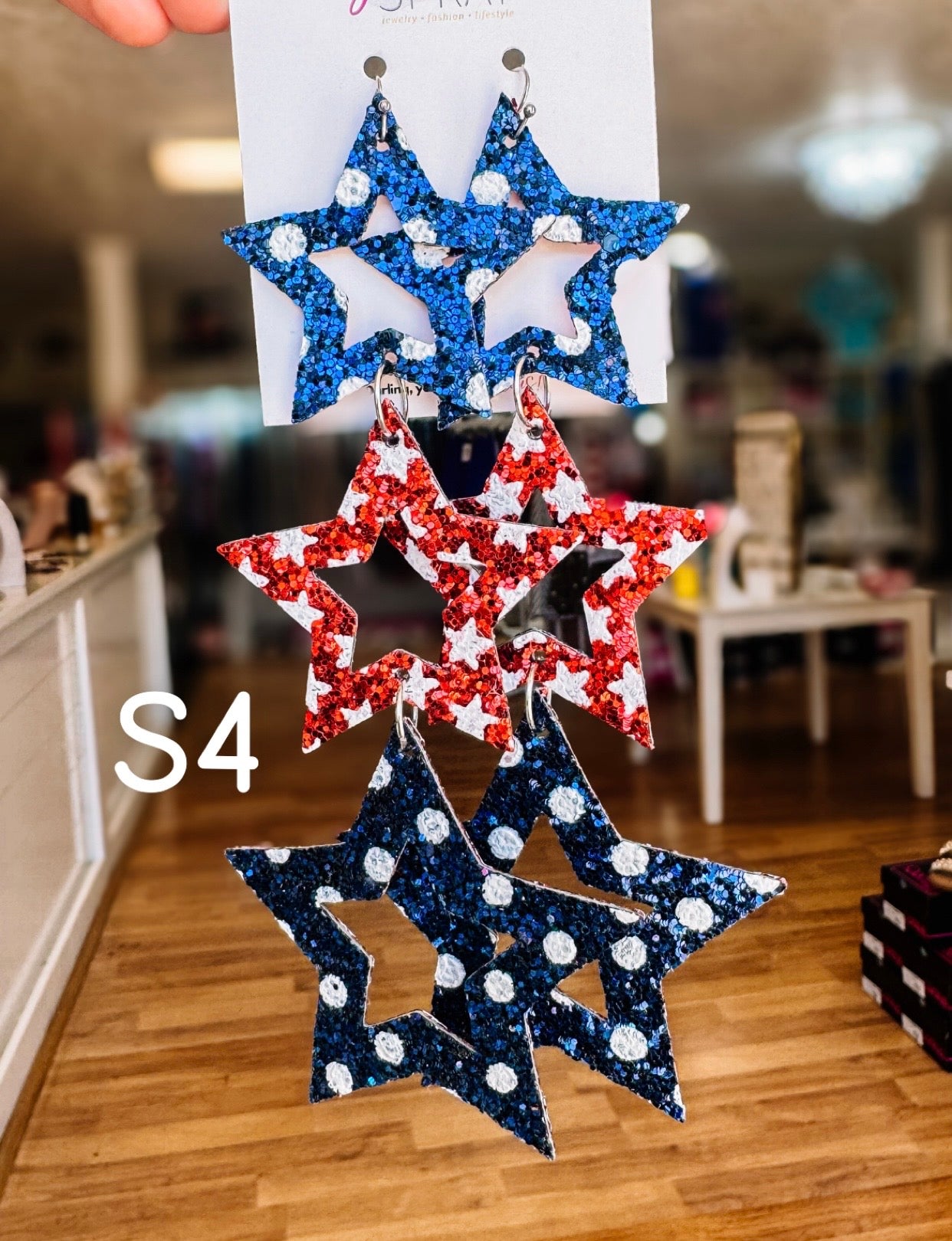 Jak Sprat Red, White & Blue Star Studded Dangles-Jewelry - Earrings-Dear Me Southern Boutique, located in DeRidder, Louisiana