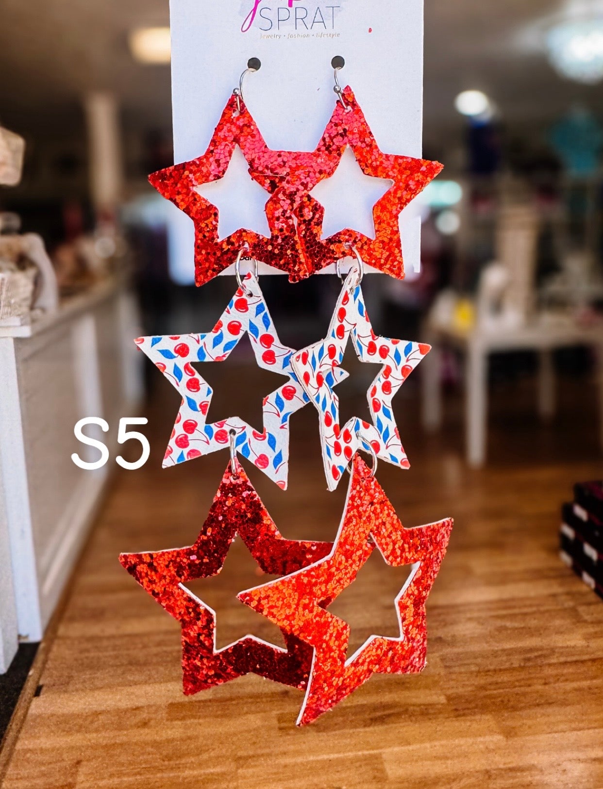 Jak Sprat Red, White & Blue Star Studded Dangles-Jewelry - Earrings-Dear Me Southern Boutique, located in DeRidder, Louisiana