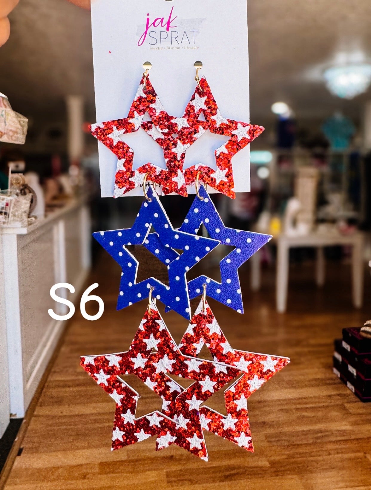 Jak Sprat Red, White & Blue Star Studded Dangles-Jewelry - Earrings-Dear Me Southern Boutique, located in DeRidder, Louisiana