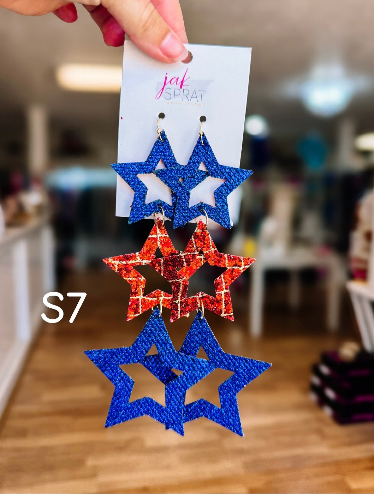 Jak Sprat Red, White & Blue Star Studded Dangles-Jewelry - Earrings-Dear Me Southern Boutique, located in DeRidder, Louisiana