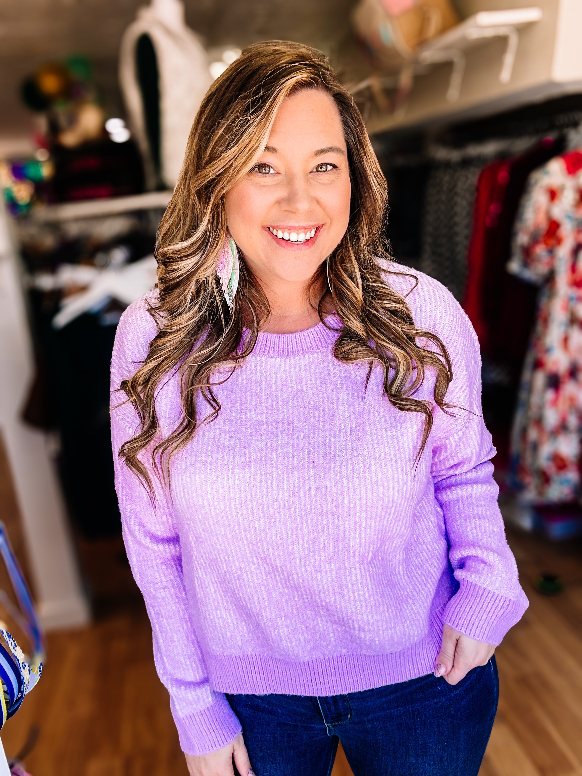 Josie Cozy Crew Sweater - Lavender-sweater-Dear Me Southern Boutique, located in DeRidder, Louisiana