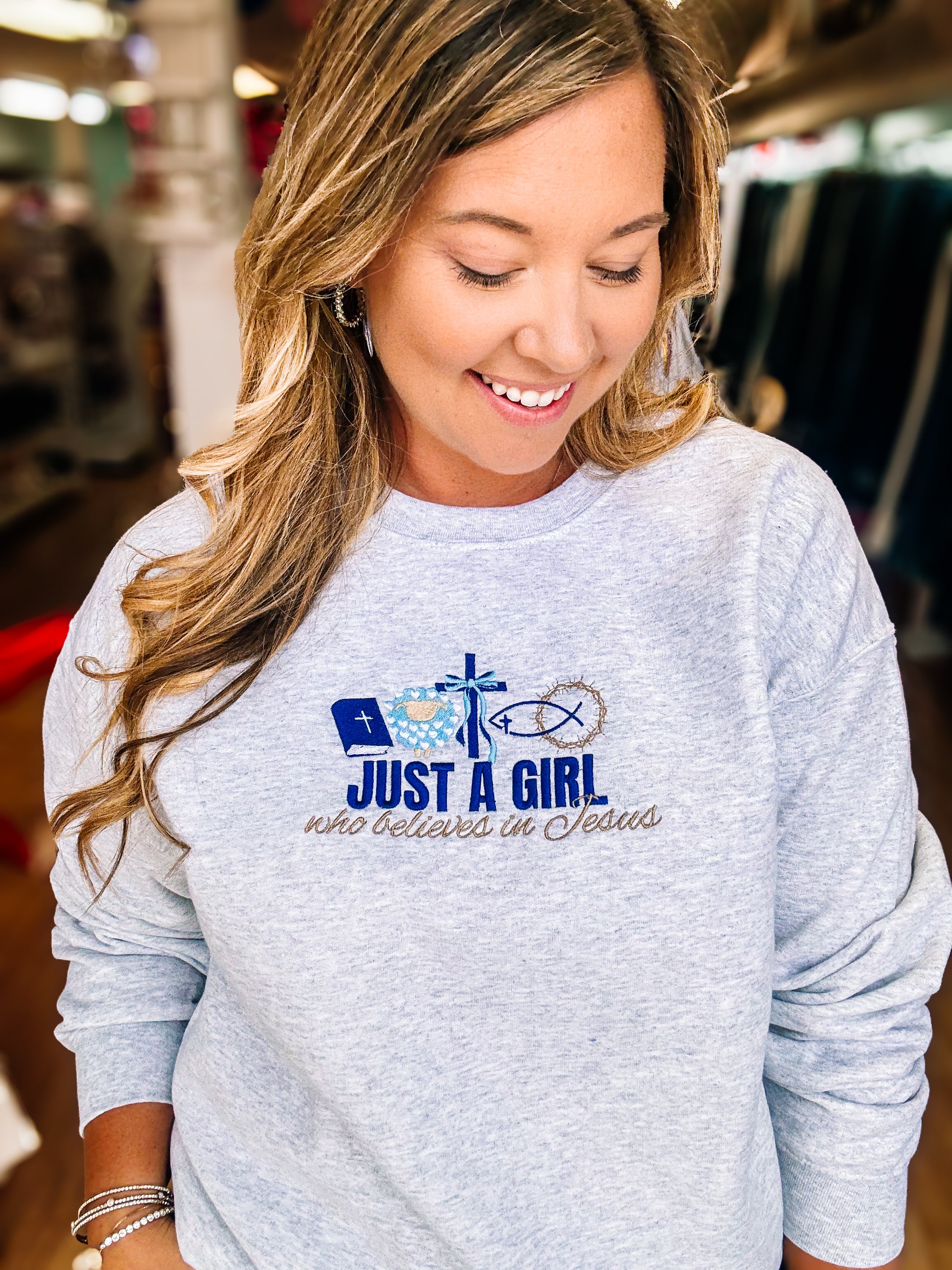 Just A Girl Who Believes In Jesus Pullover-Pullover-Dear Me Southern Boutique, located in DeRidder, Louisiana