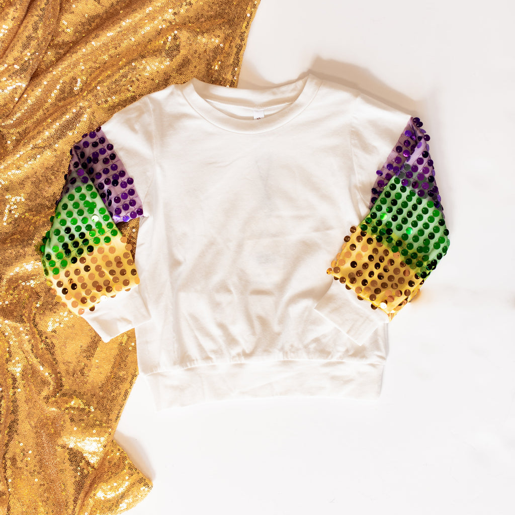 KIDS Mardi Gras Sequin Puff Sleeve Top-Dear Me Southern Boutique, located in DeRidder, Louisiana