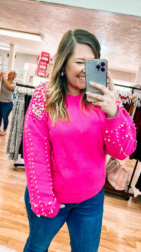 Keep It Chic Pearl Sweater - Pink-Tops-Dear Me Southern Boutique, located in DeRidder, Louisiana
