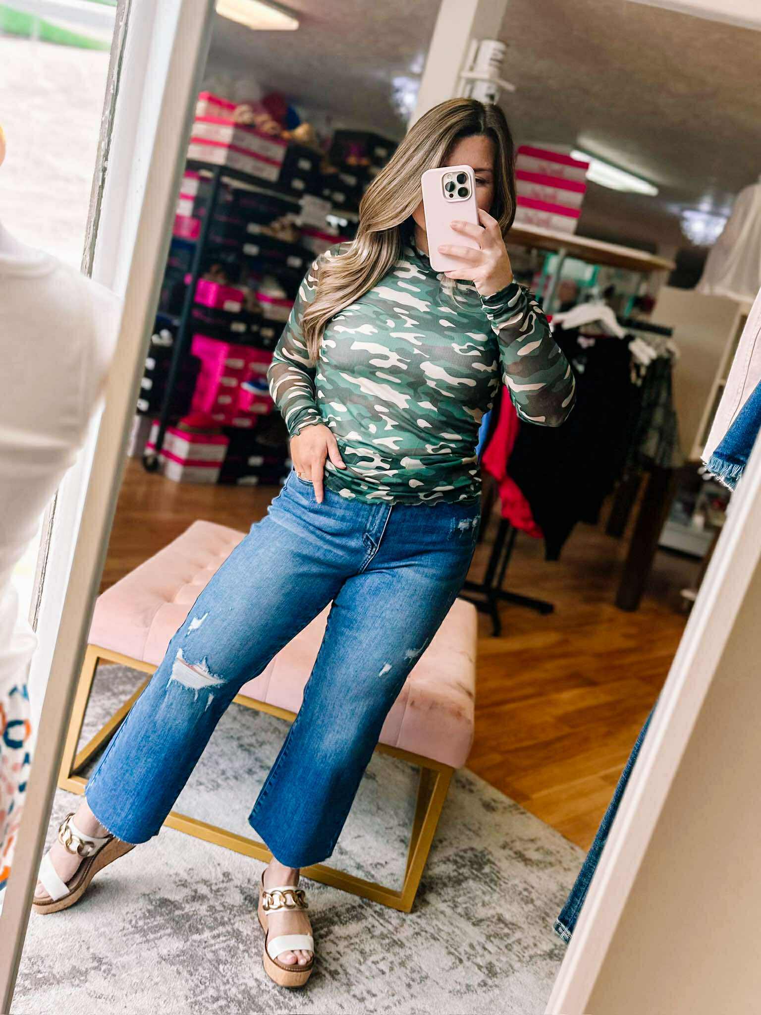 Keigan Mesh Top, Green Camo-Blouses-Dear Me Southern Boutique, located in DeRidder, Louisiana